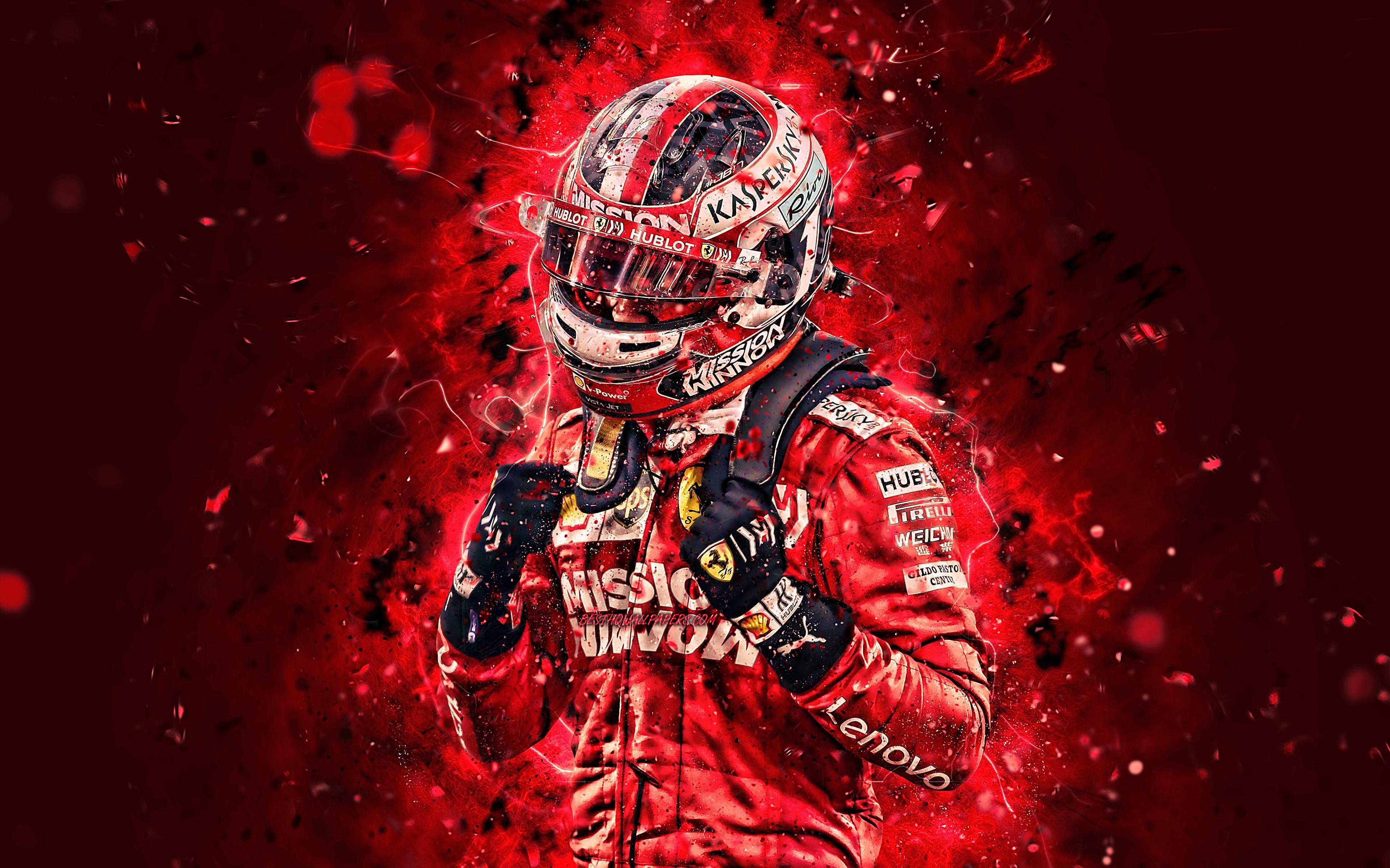 Download wallpaper Charles Leclerc, 4k, Scuderia Ferrari, monegasque racing drivers, neon lights, Formula Leclerc Ferrari, F1 F HDR, Ferrari for desktop with resolution 3840x2400. High Quality HD picture wallpaper