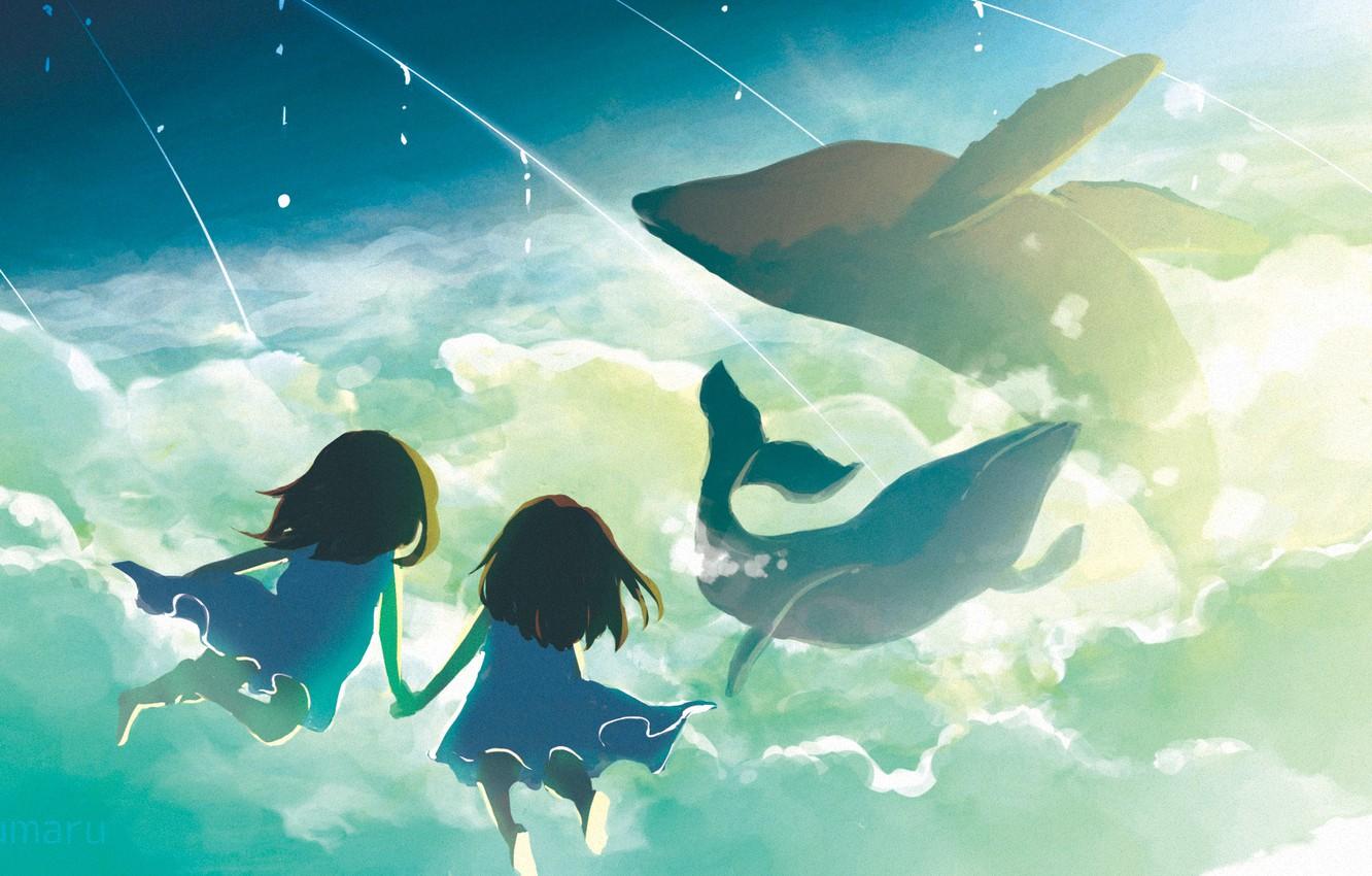 Wallpaper the sky, clouds, children, fantasy, whales image