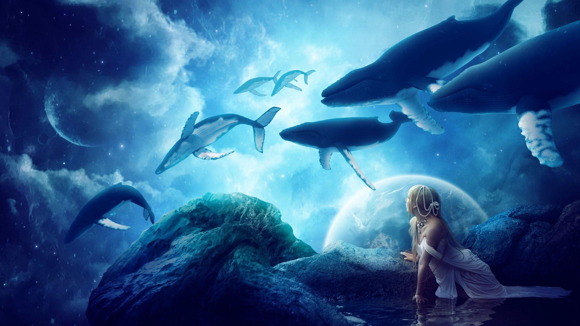 Download Wallpaper Dream, Fantasy, Girls, Whales, section фантастика Resolution 1920x1080. Fantasy background, World wallpaper, Space whale