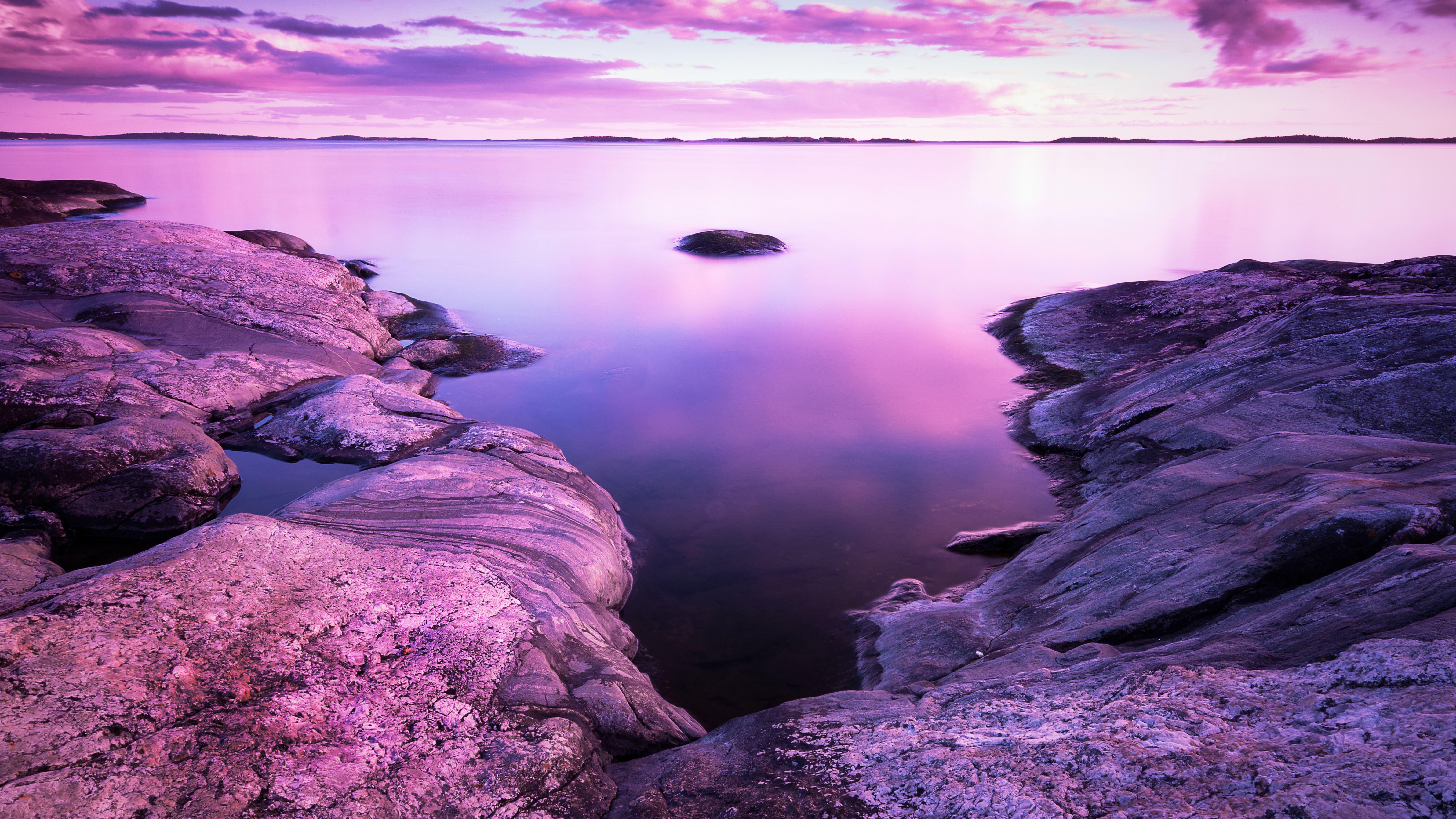 Rocks Pink Scenery Evening Sea 8k 8k HD 4k Wallpaper