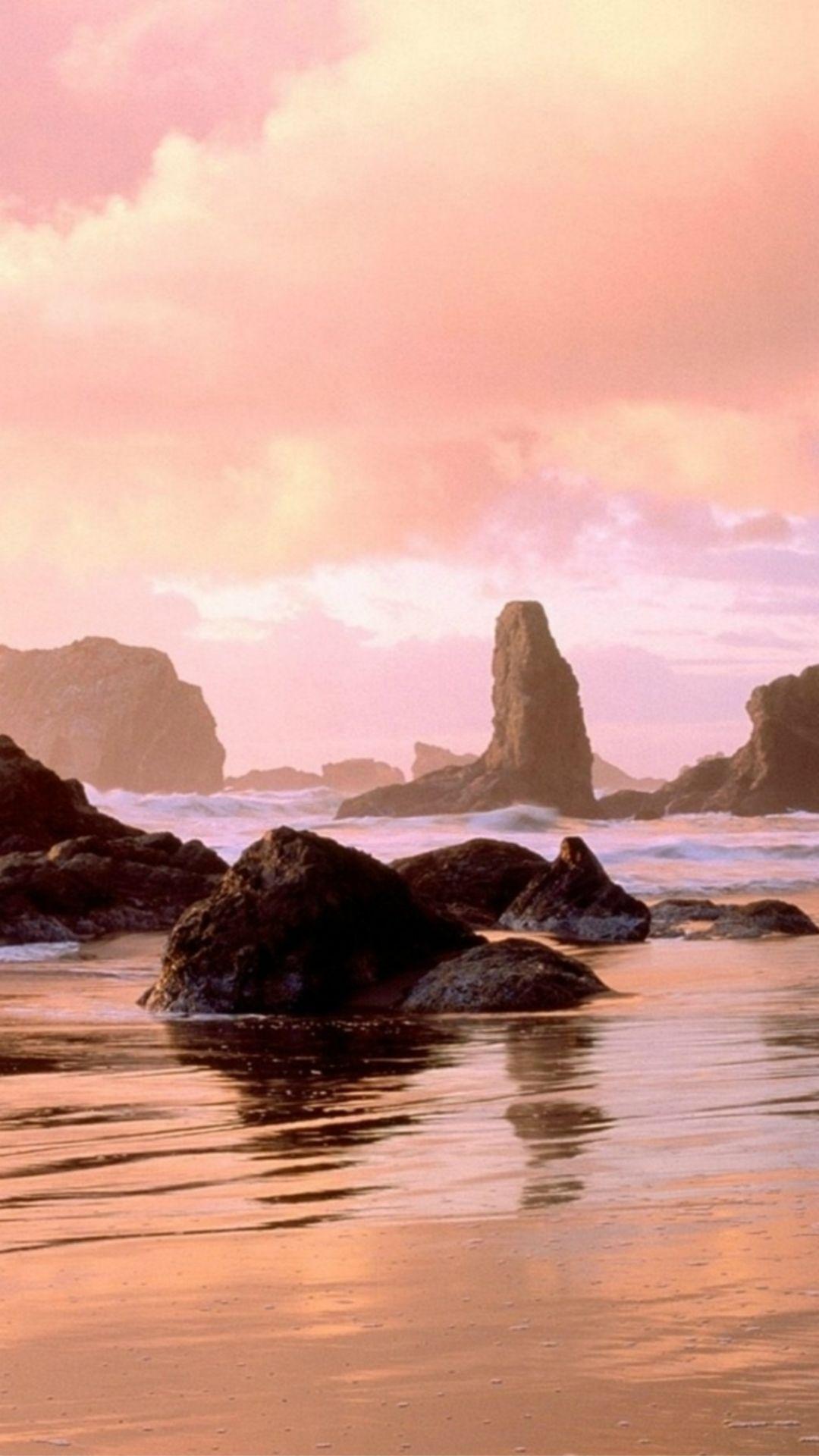 Pink Rock Ocean Sunset Landscape #iPhone #plus #wallpaper