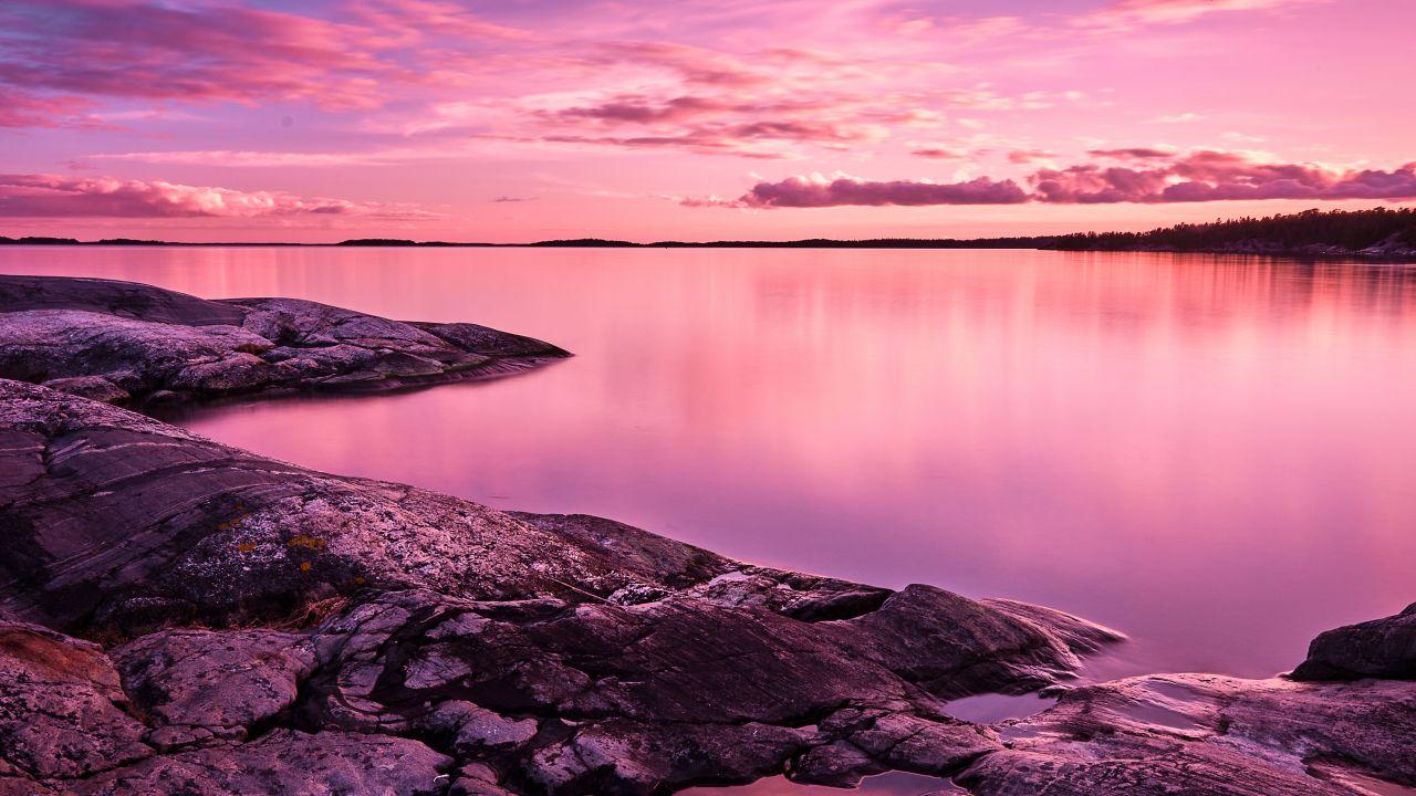 Wallpaper Sunset, Scenery, Lake, Rocks, Pink sky, 4K, 8K, Nature