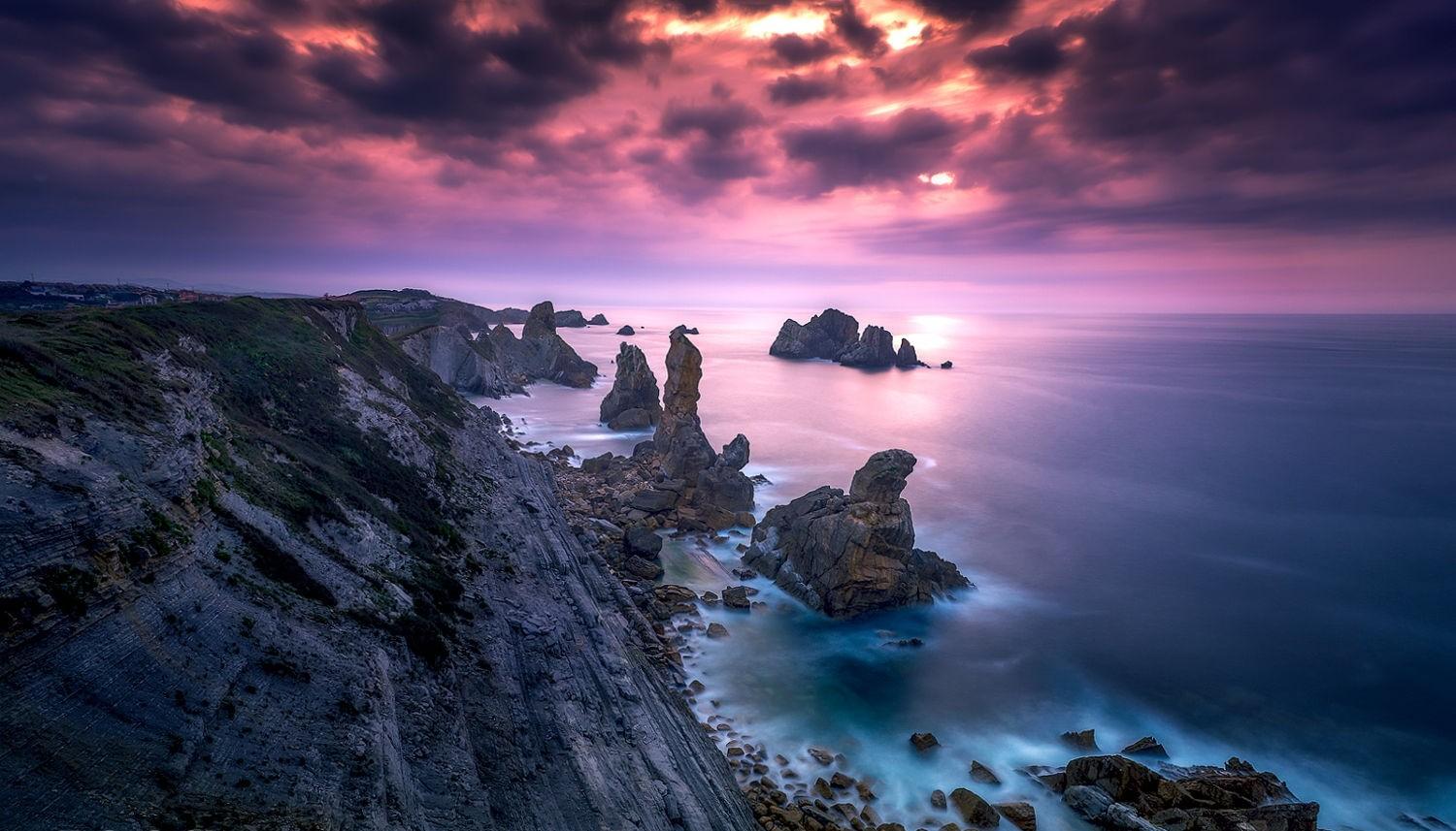 photography landscape nature coast rocks sunset sea clouds pink sky