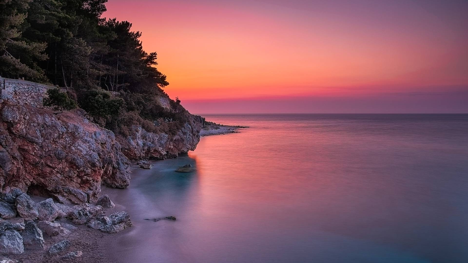 island, red, orange, beautiful, green, pink, sunset, rocks, beach