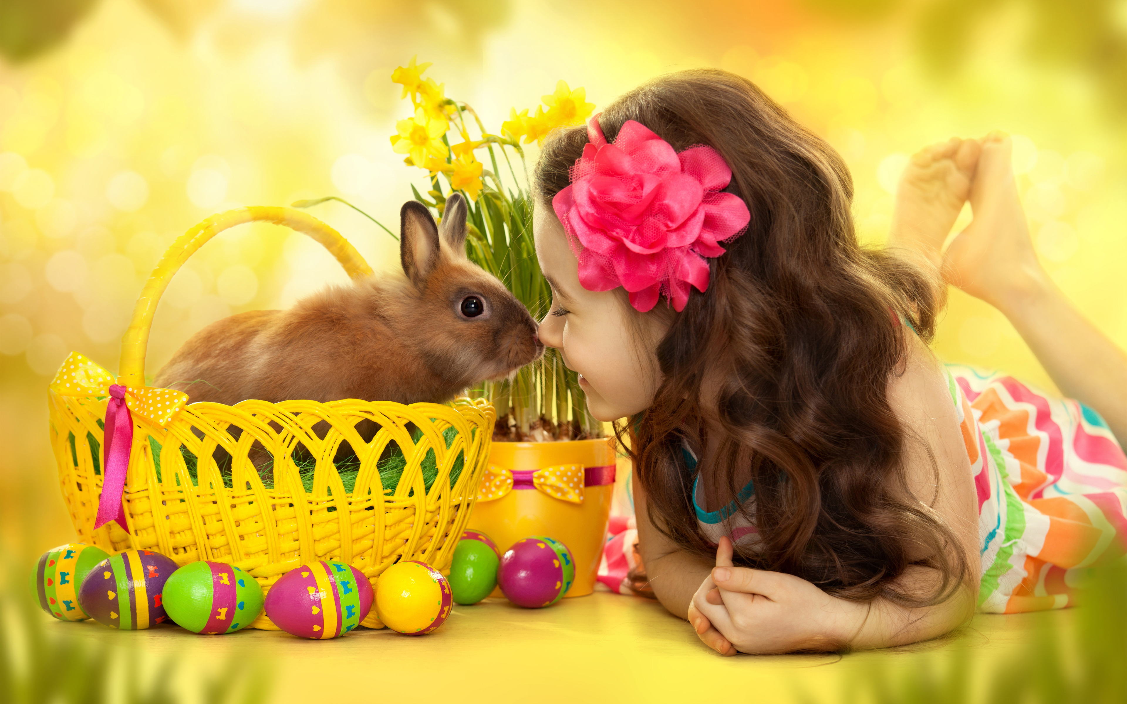 Little Girl and Bunny, Easter Eggs and Daffodils widescreen