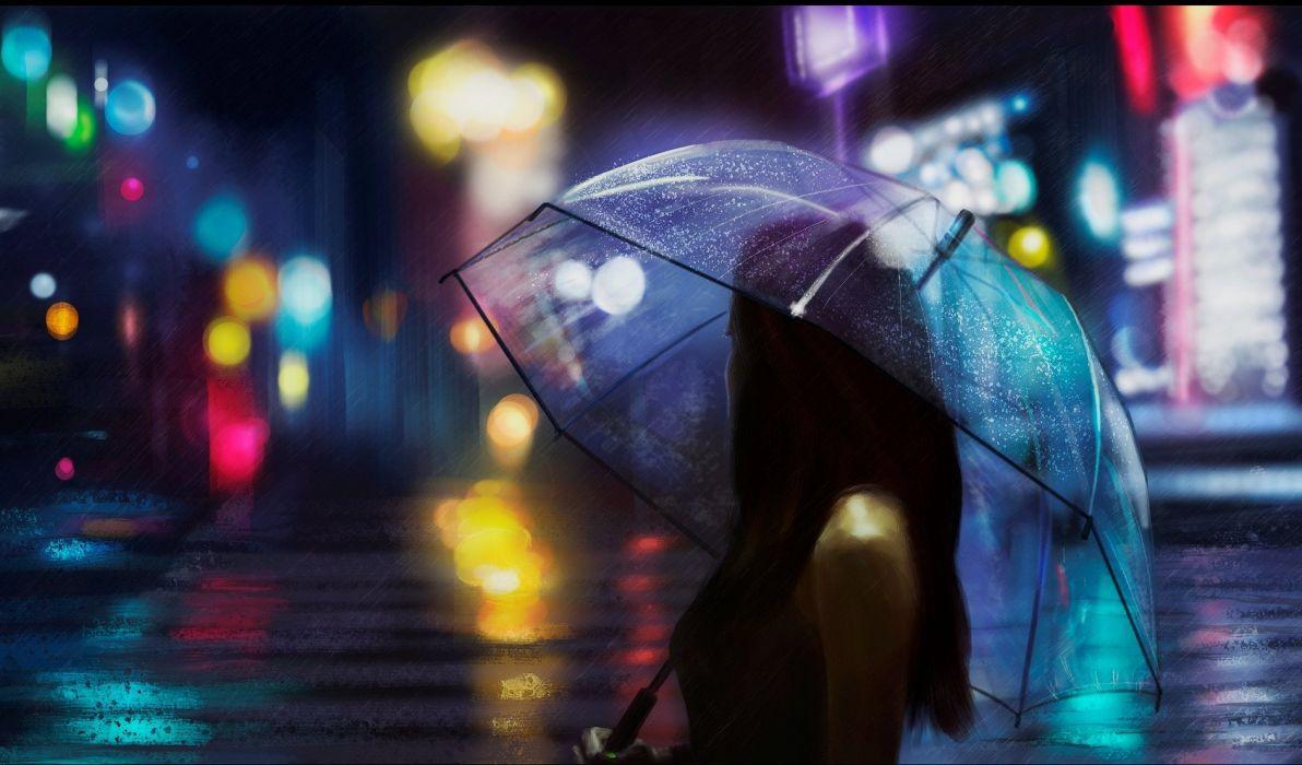 Umbrella girl rain light street beautiful wallpaperx1109