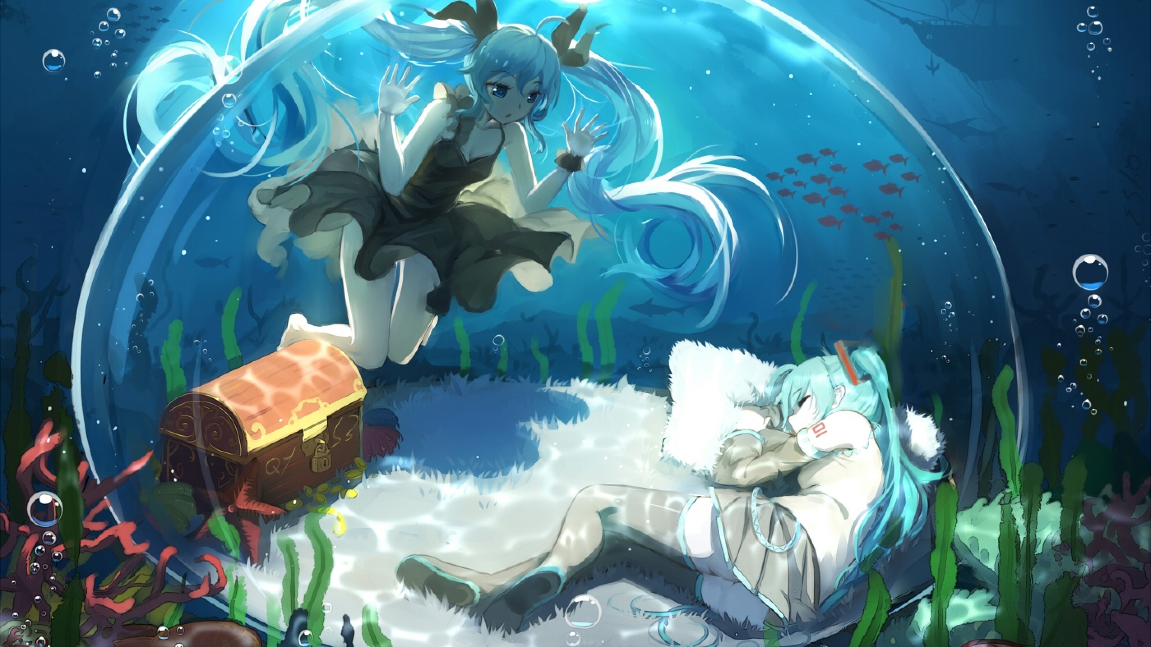 Download 3840x2160 Hatsune Miku, Underwater, Treasure, Kid Version