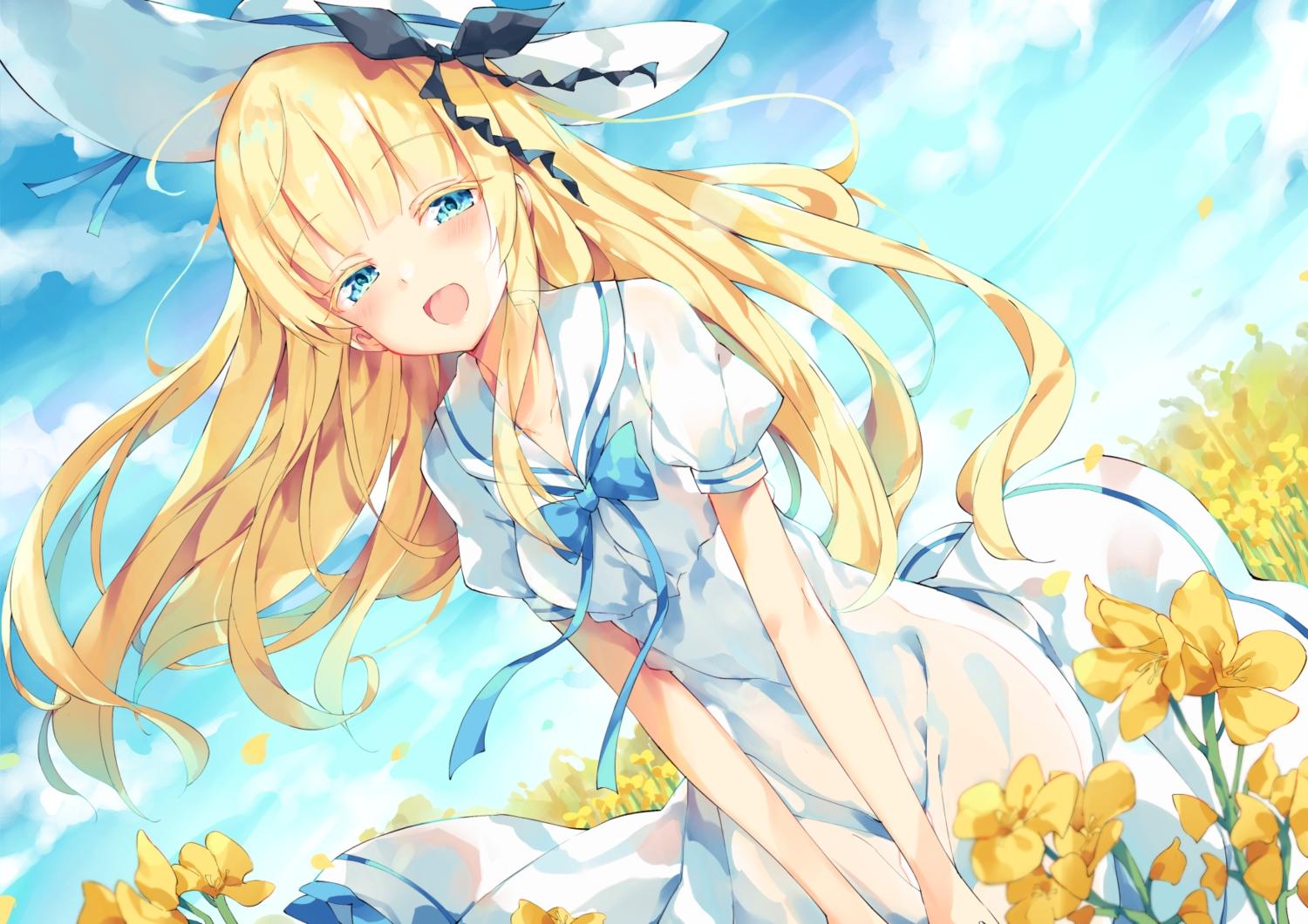 blonde hair blue eyes blush bow clouds dress flowers hat