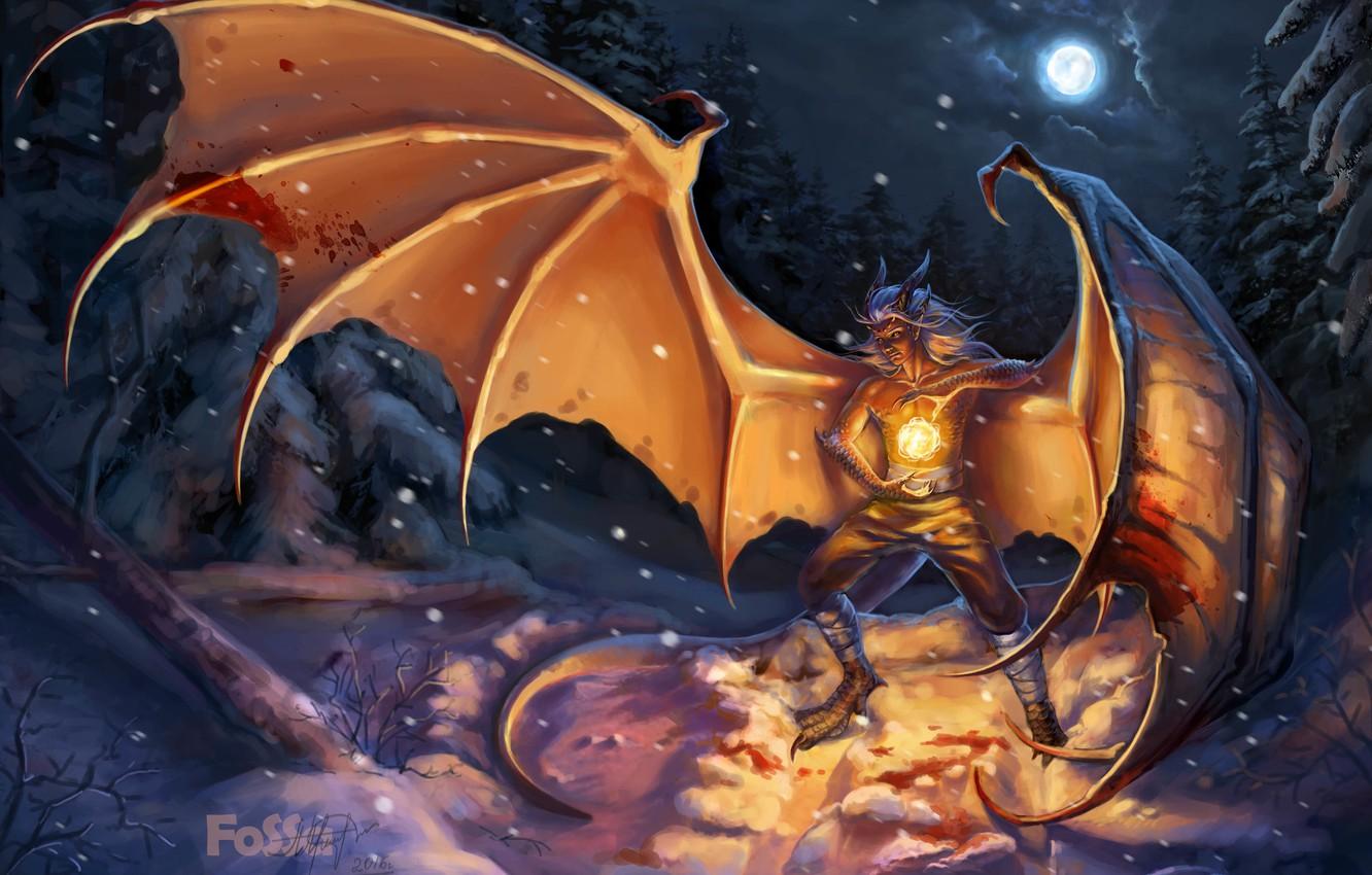 Wallpaper winter, the sky, snow, night, fiction, fire, magic, the moon, dragon, ball, wings, scales, art, guy image for desktop, section фантастика