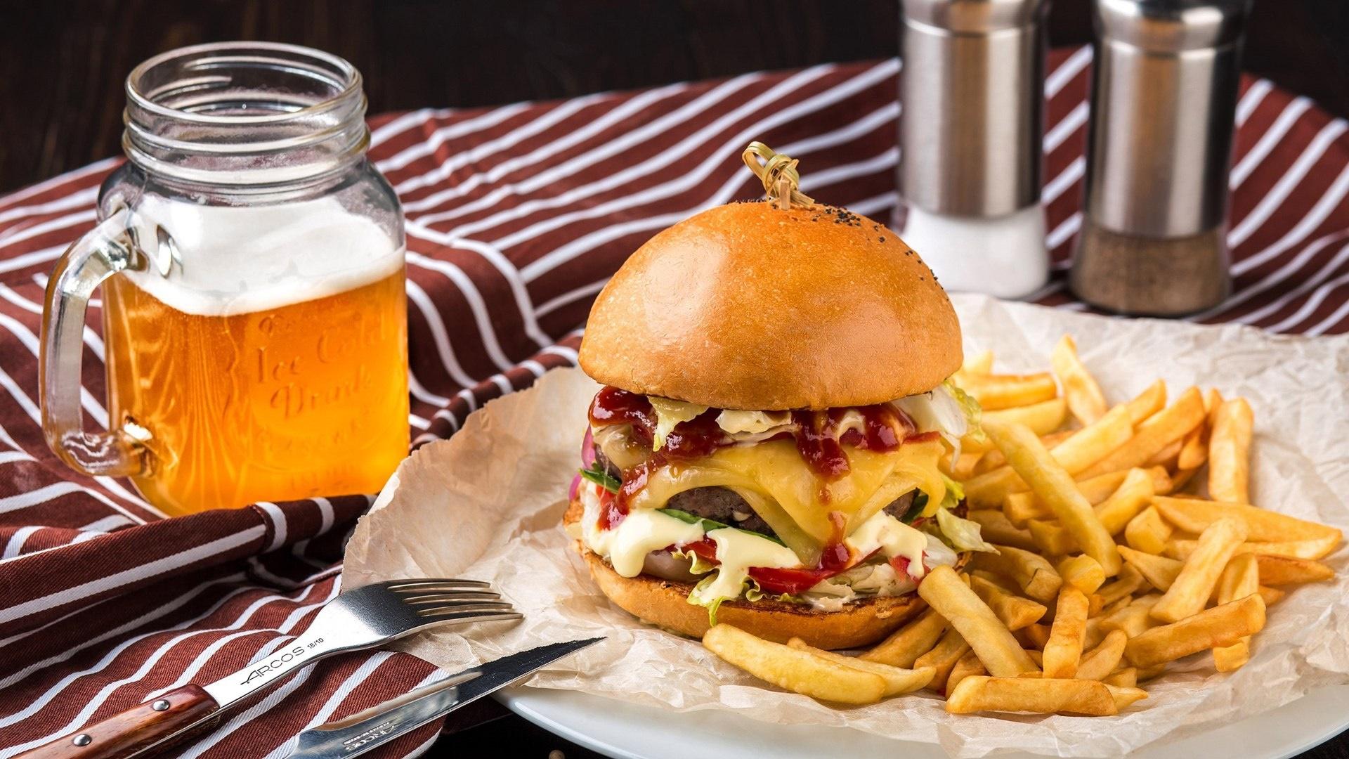 Cheeseburger With French Fries And Beer HD Wallpaper