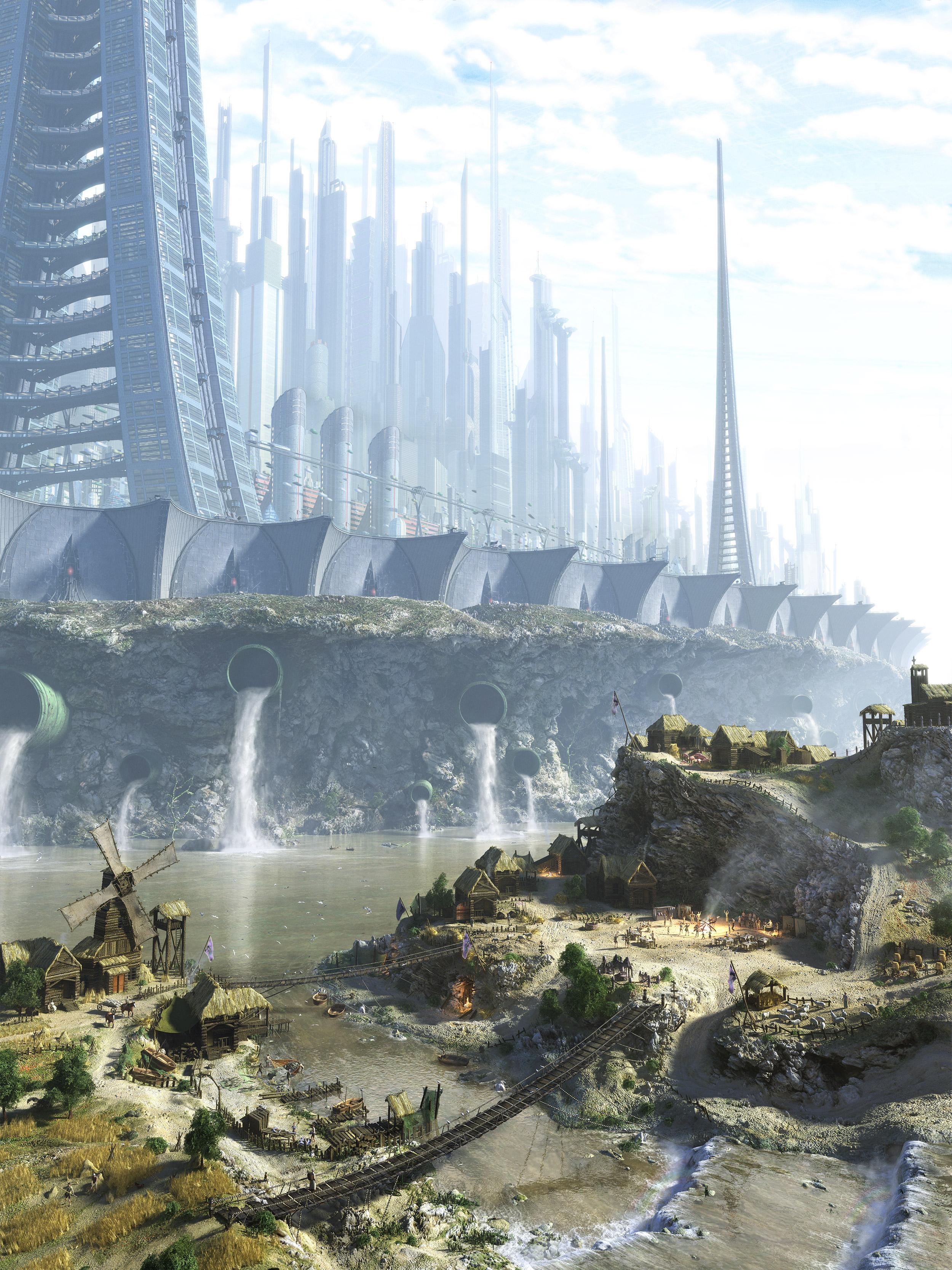 fantasy, futuristic, future, bridges, towns, poor, skyscrapers