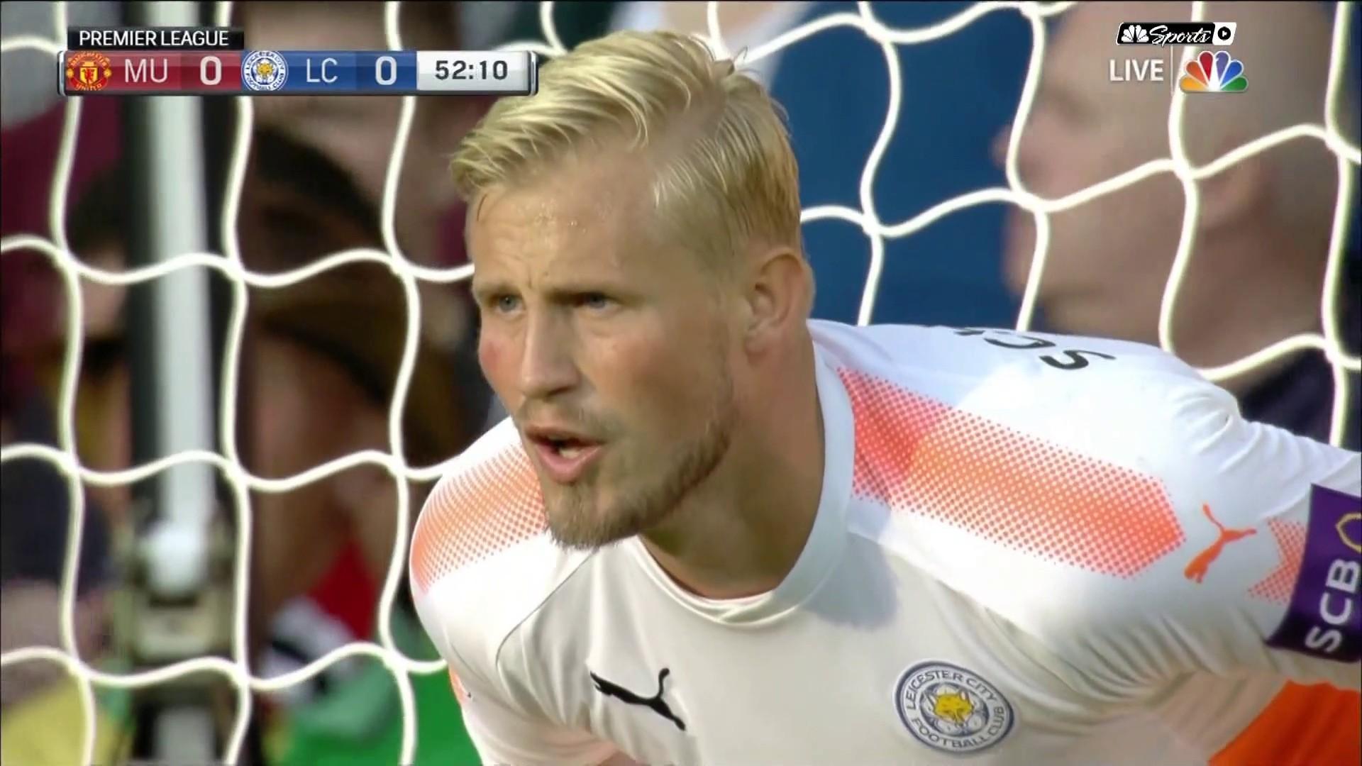 Leicester City's Kasper Schmeichel saves Romelu Lukaku's penalty
