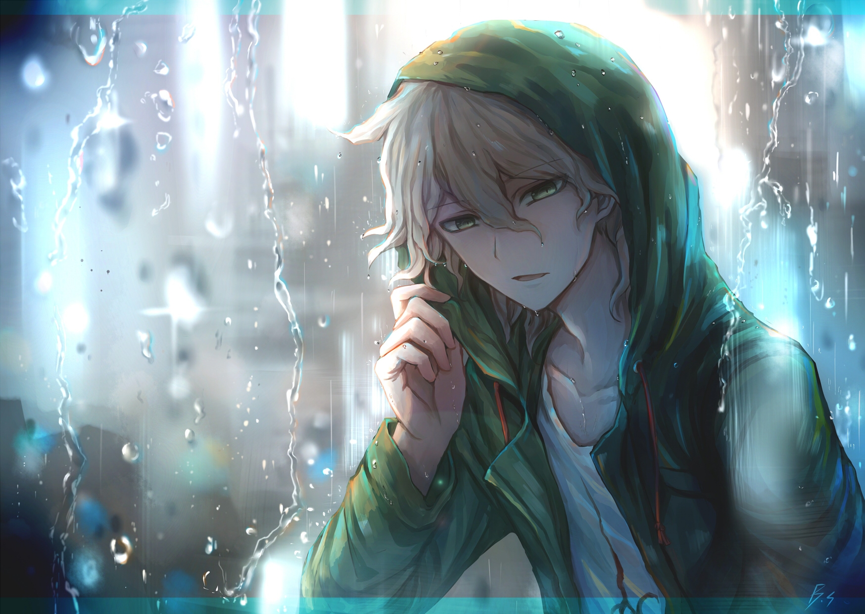 Anime eboy smoking in the rain