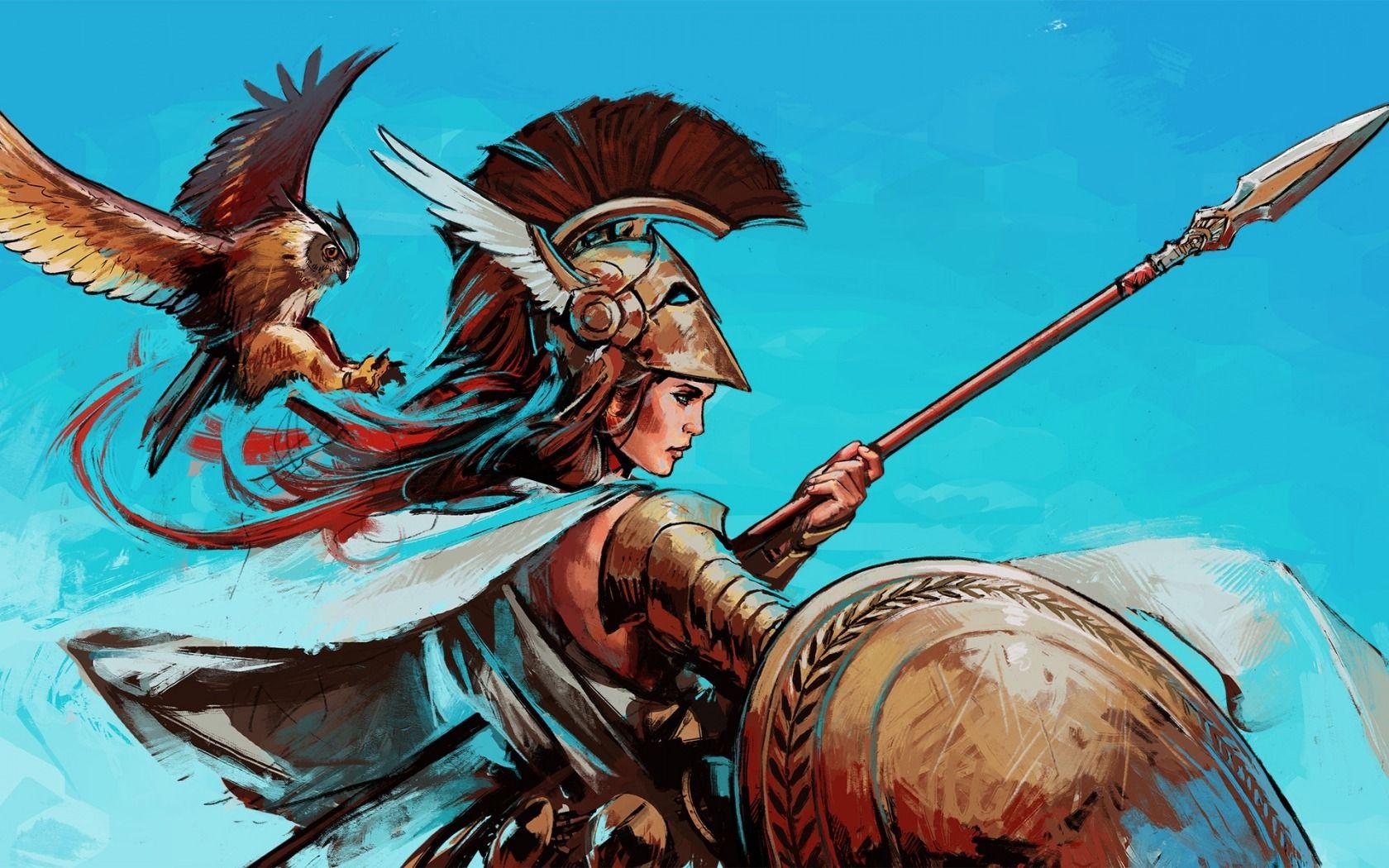 Download wallpaper spear, shield, bird, greek mythology, goddess