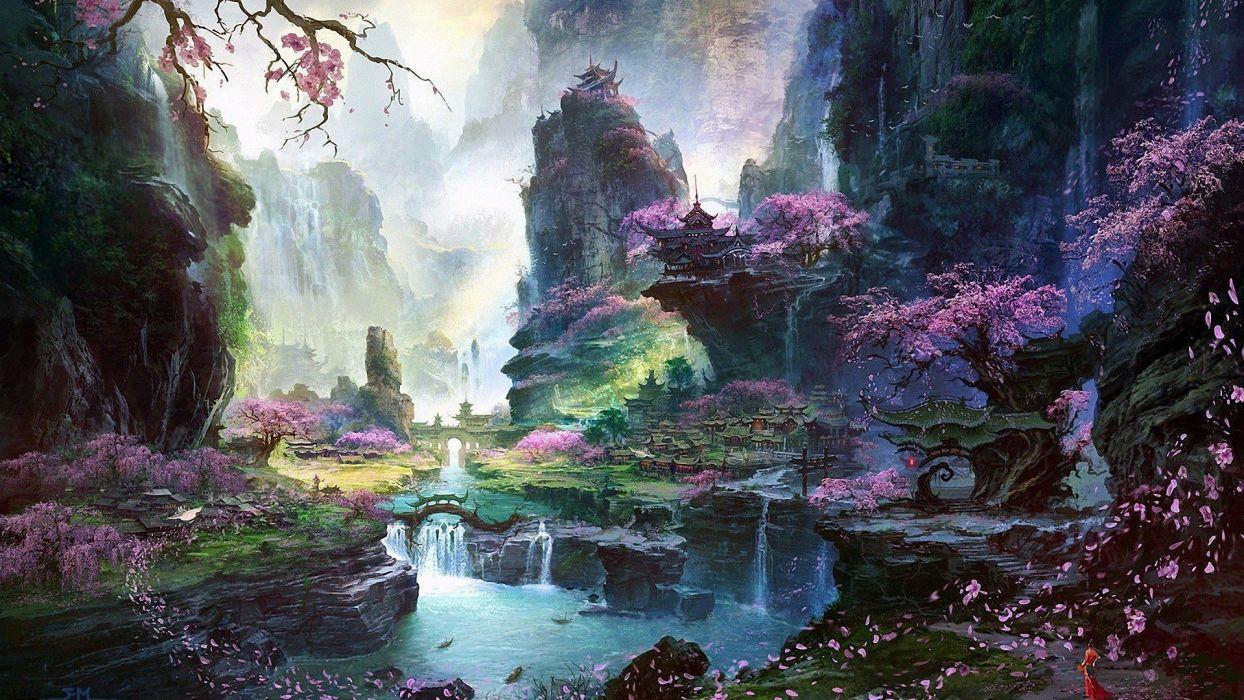 Landscape fantasy art cherry blossom digital art Asian architecture
