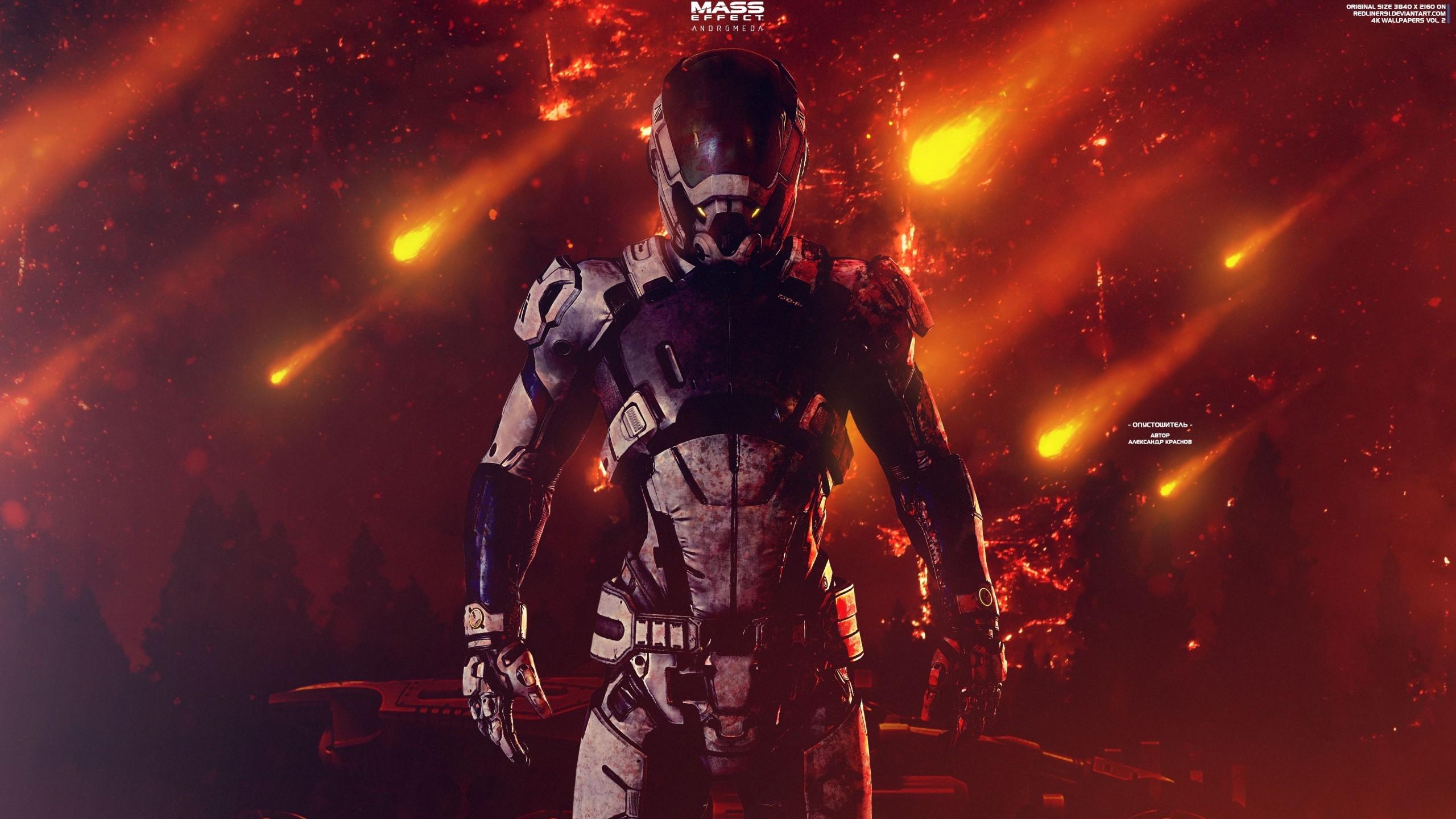 Download 2560x1440 Mass Effect Andromeda, Fire, Suit, Artwork