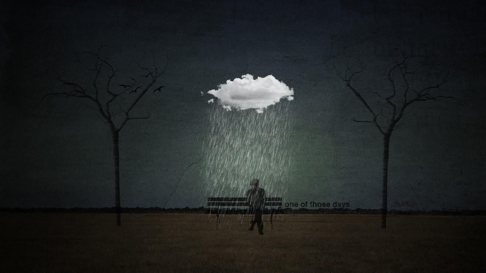 clouds trees rain alone bench depressing digital art artwork