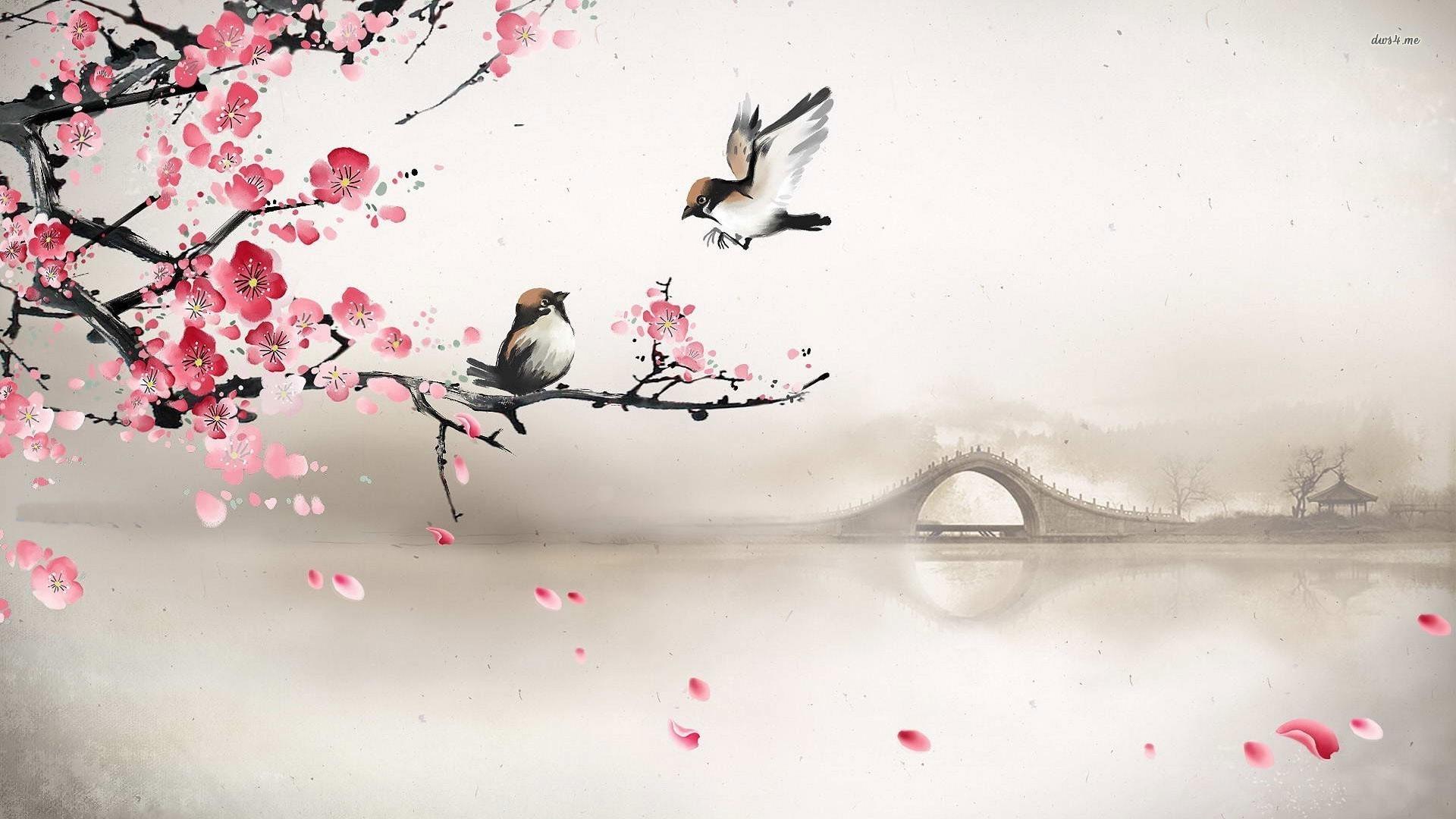 Sparrows on the cherry tree wallpaper wallpaper