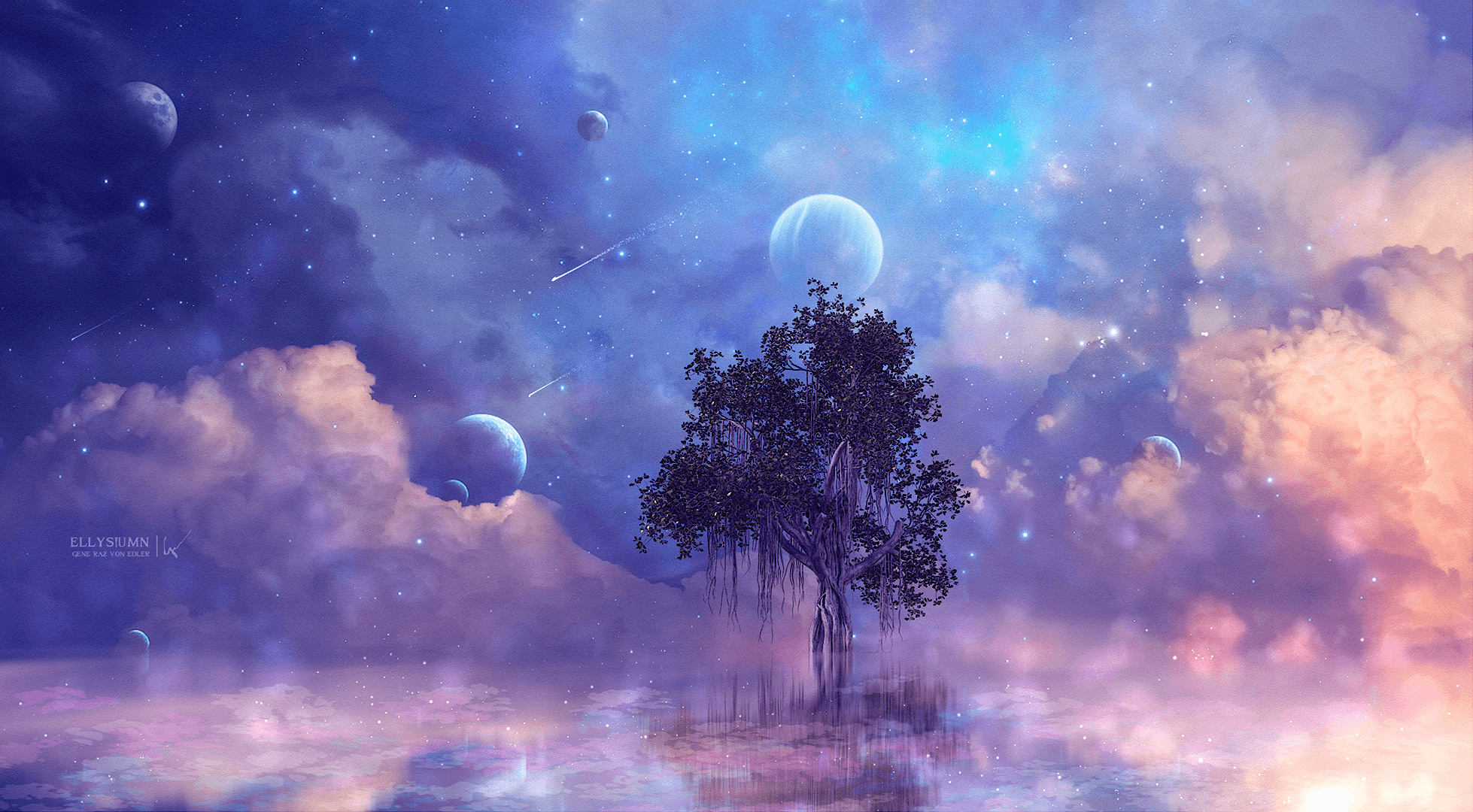 Fantasy, Planet, Blue, Cloud, Tree, Stars, Starry Sky