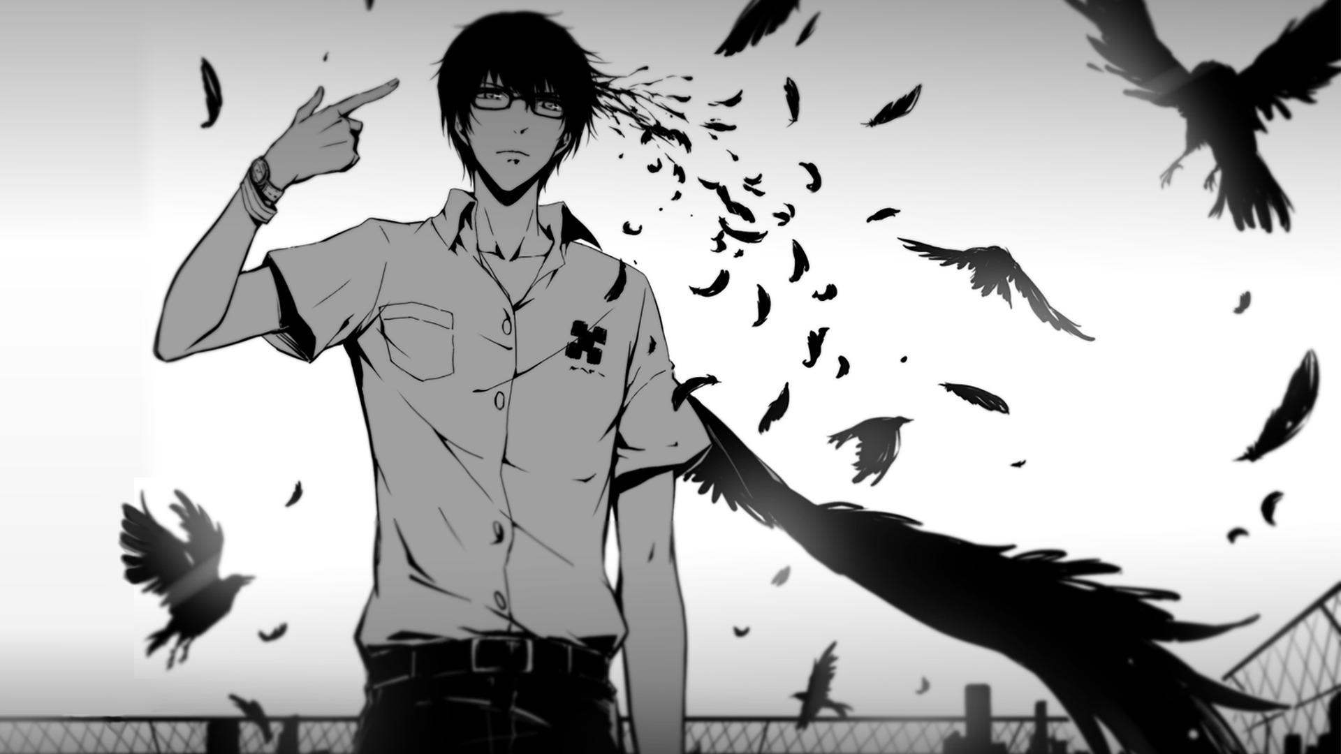anime, Glasses, Crow, Zankyou No Terror, Kokonoe Arata, Monochrome