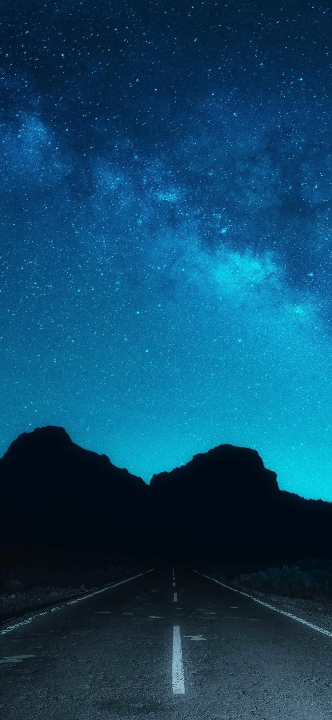 Download 1080x2340 Blue Night, Road, Stars, Clouds, Mood, Mountain