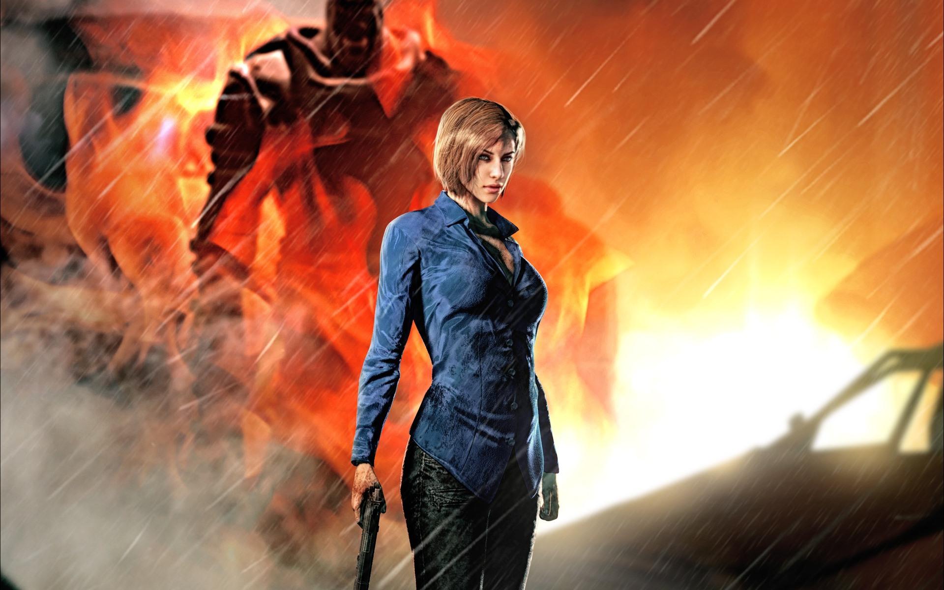 Wallpaper Resident Evil 3: Nemesis, girl, gun, rain
