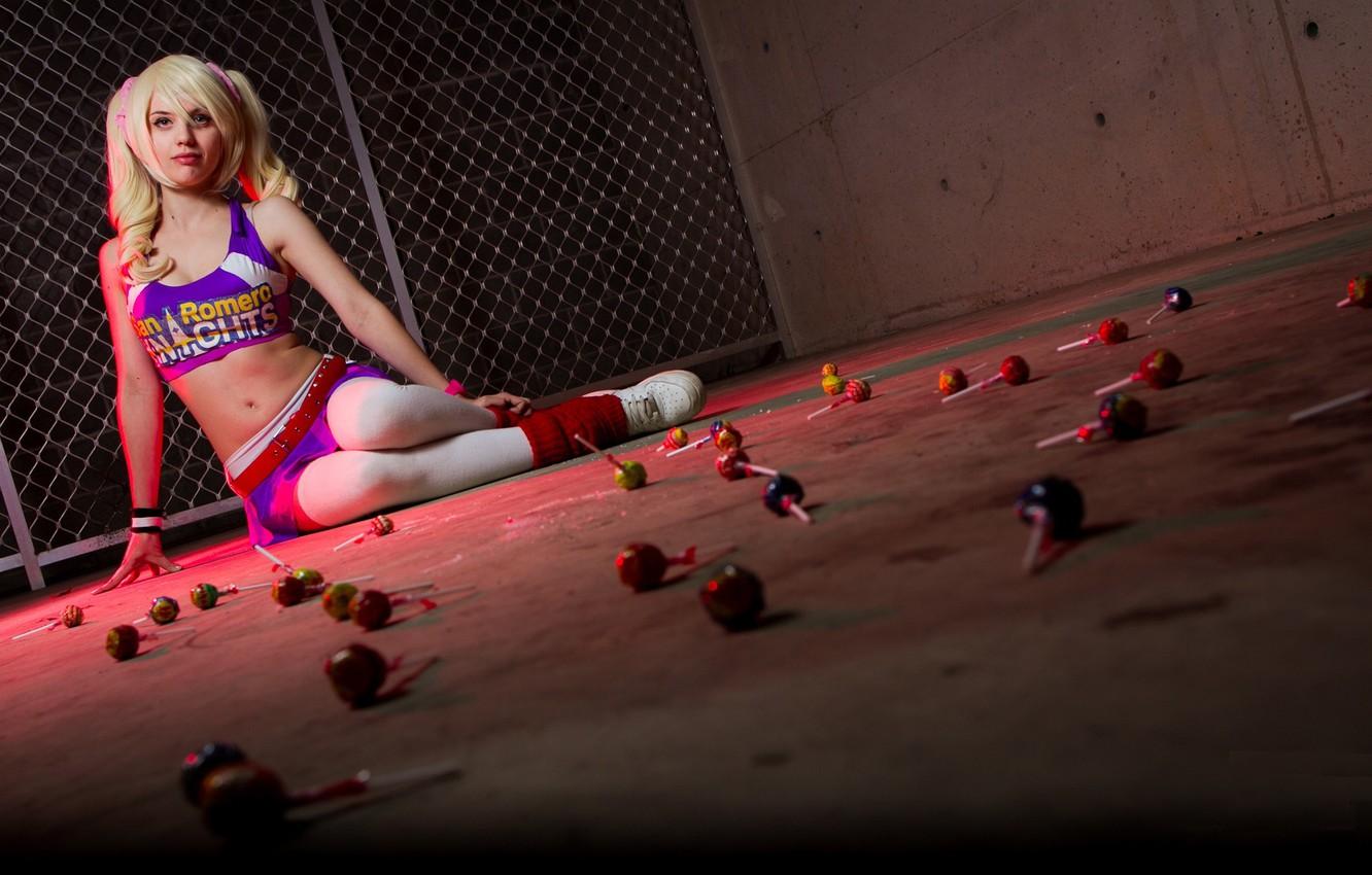Wallpaper look, girl, wall, grille, blonde, sitting, cosplay