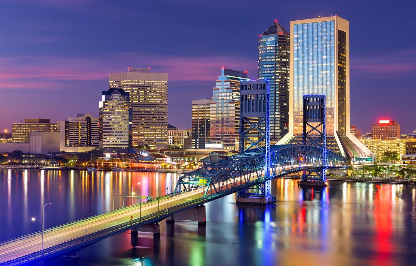 Wallpaper bridge, river, building, FL, backlight, USA, Jacksonville