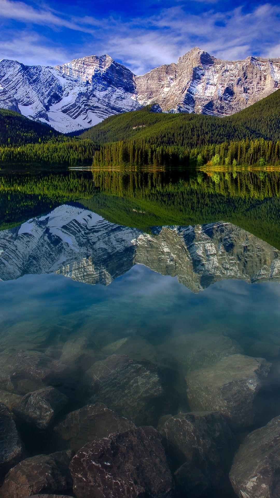 Mountain Landscape Reflection Mountains Lake Rocks #iPhone