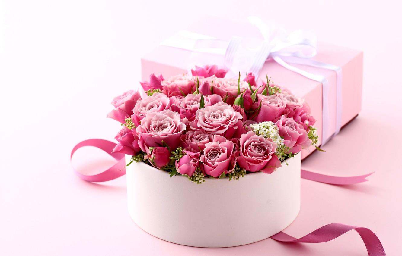 Wallpaper box, gift, roses, bouquet, love, pink, heart, pink
