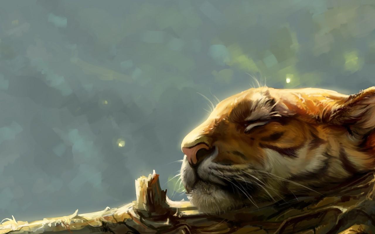 Download 1280x800 Tiger, Sleeping, Painting, Lying Down, Wood