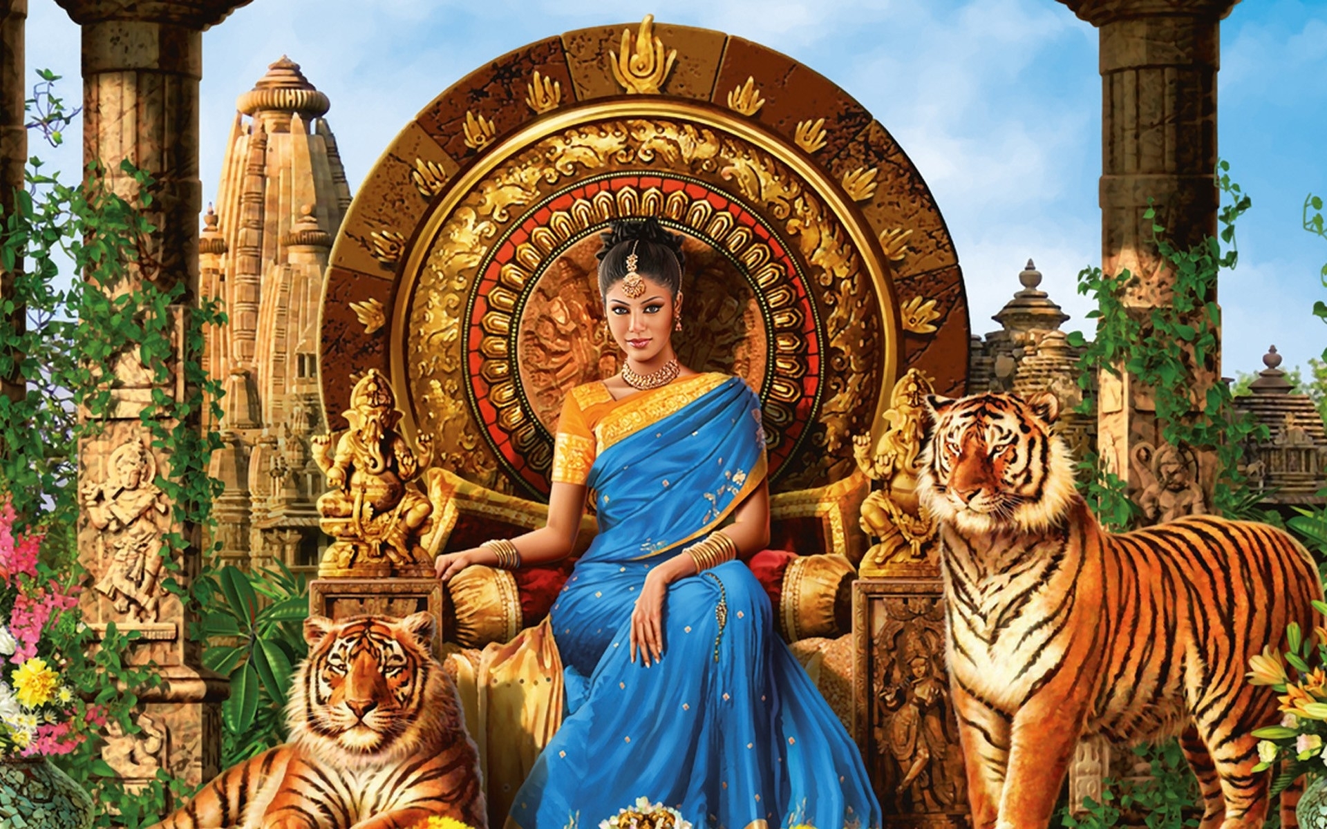 Goddess Throne Tigers Painting wallpaper. Goddess Throne Tigers