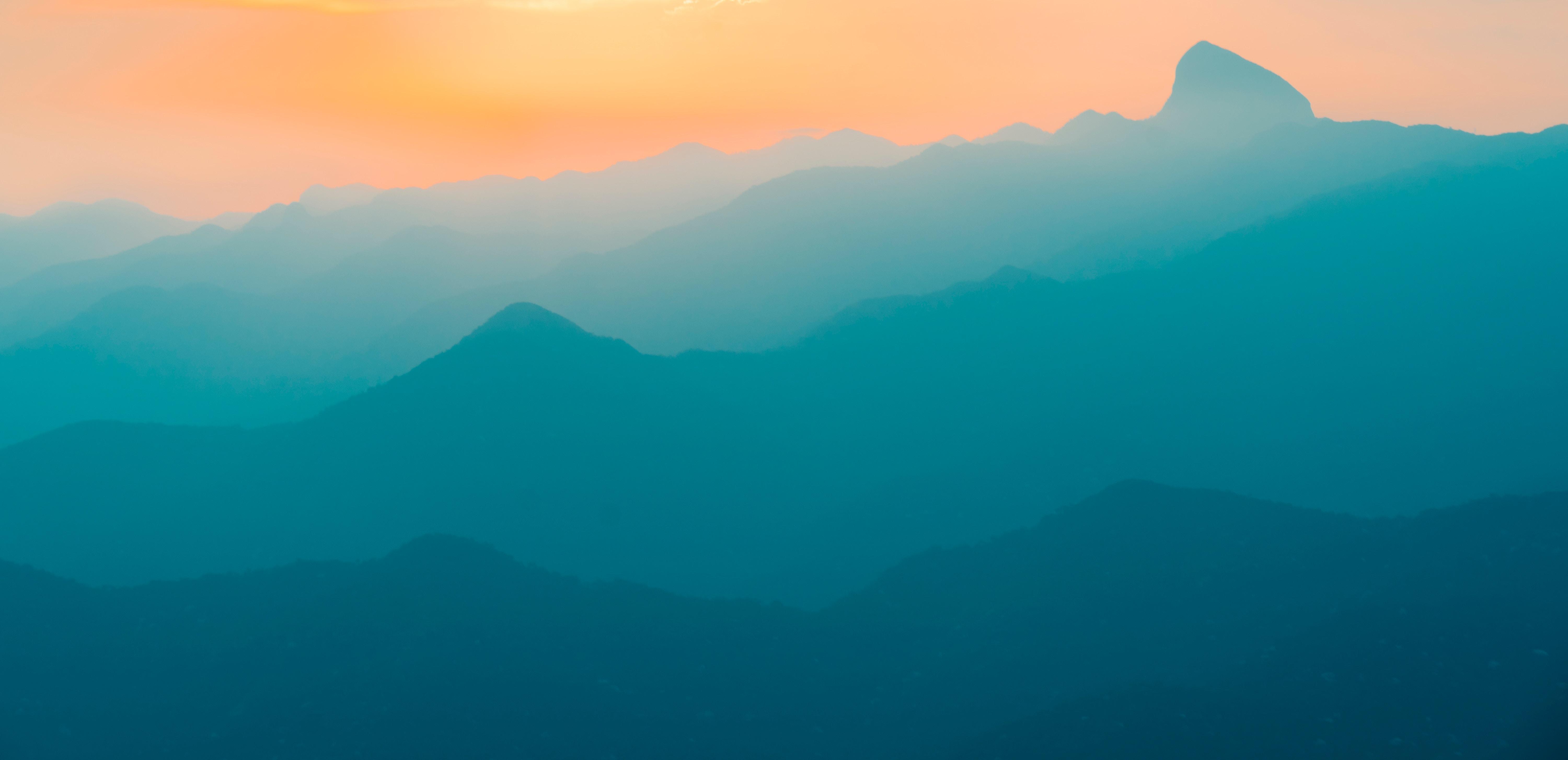 Wallpaper Mountain range, Sunset, Gradient, Turquoise, Teal, HD, 5K