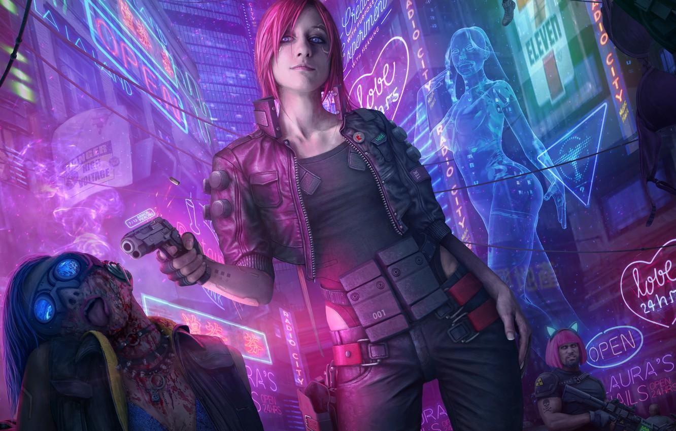 Wallpaper girl, night, gun, fiction, street, art, cyberpunk 2077