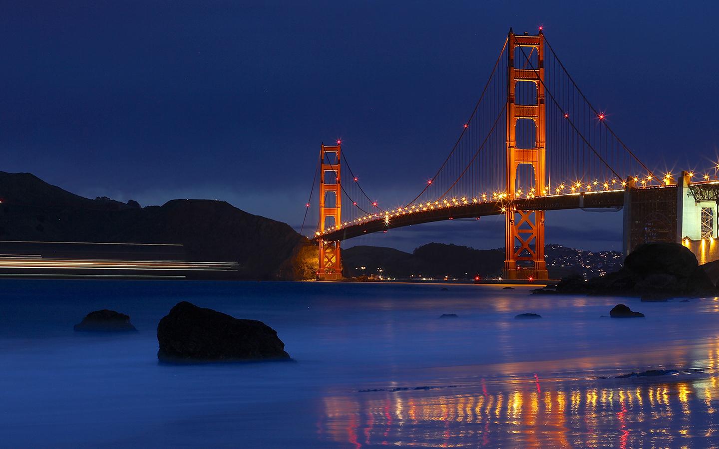 Golden Gate Bridge Bridge San Francisco Night Timelapse Shore Ocean