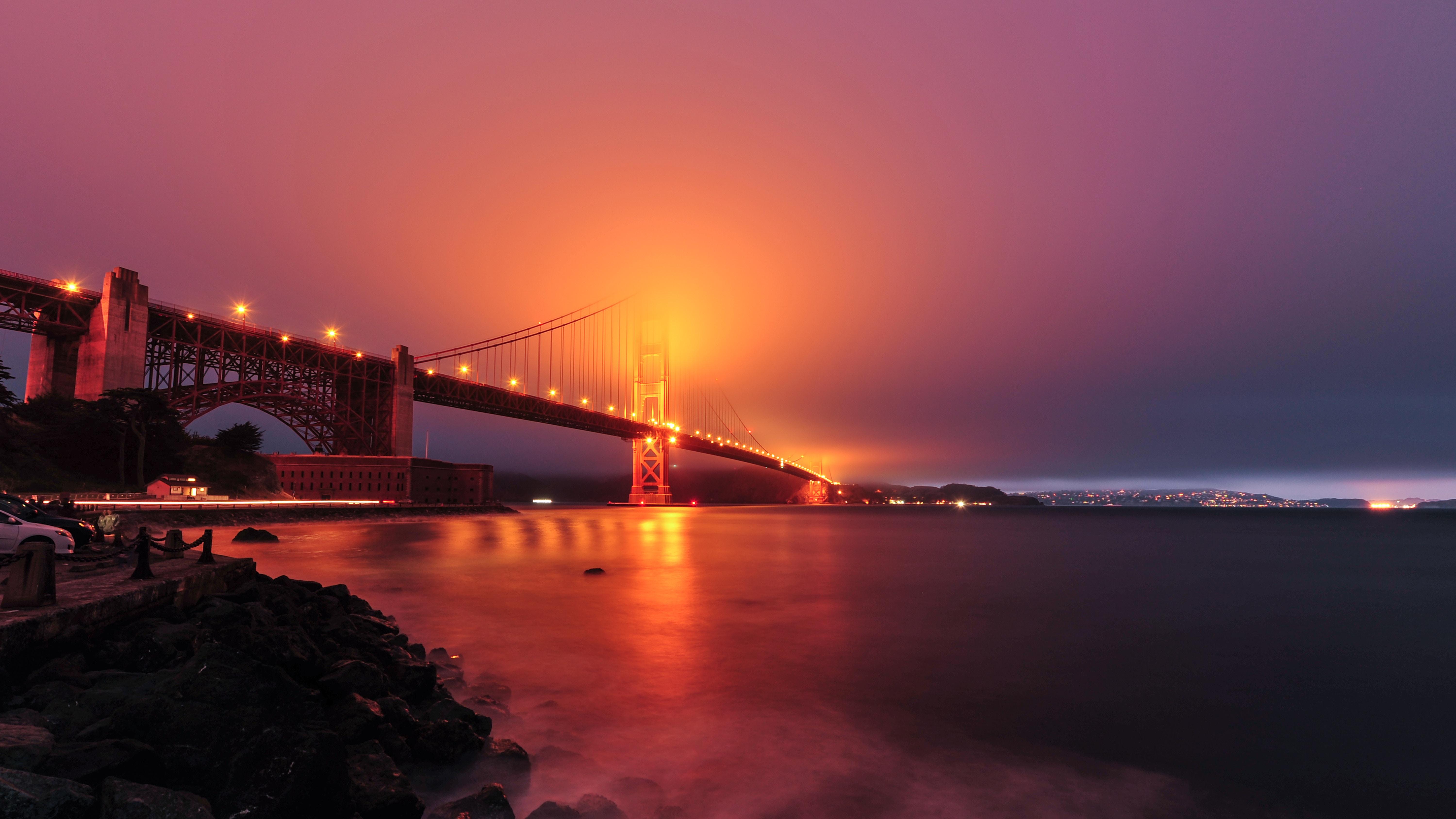 wallpaper bridge, night, fog, backlight, bay, golden gate bridge