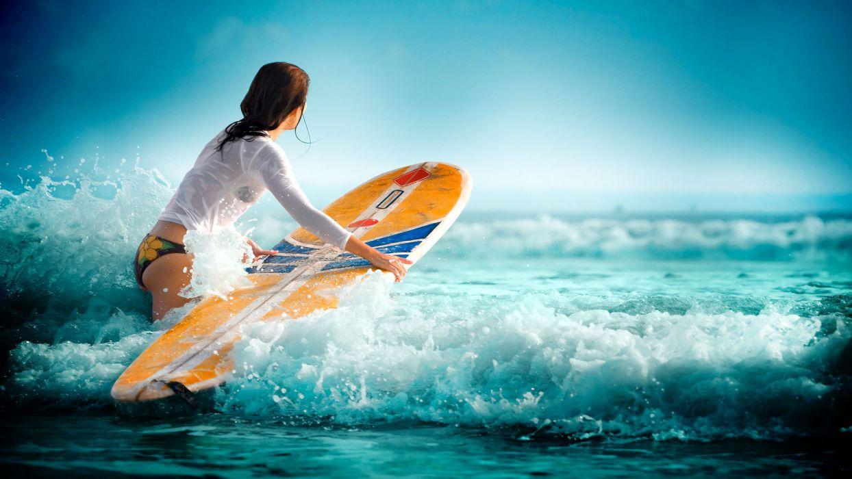 Surfing waves water sea girl wallpaperx1080