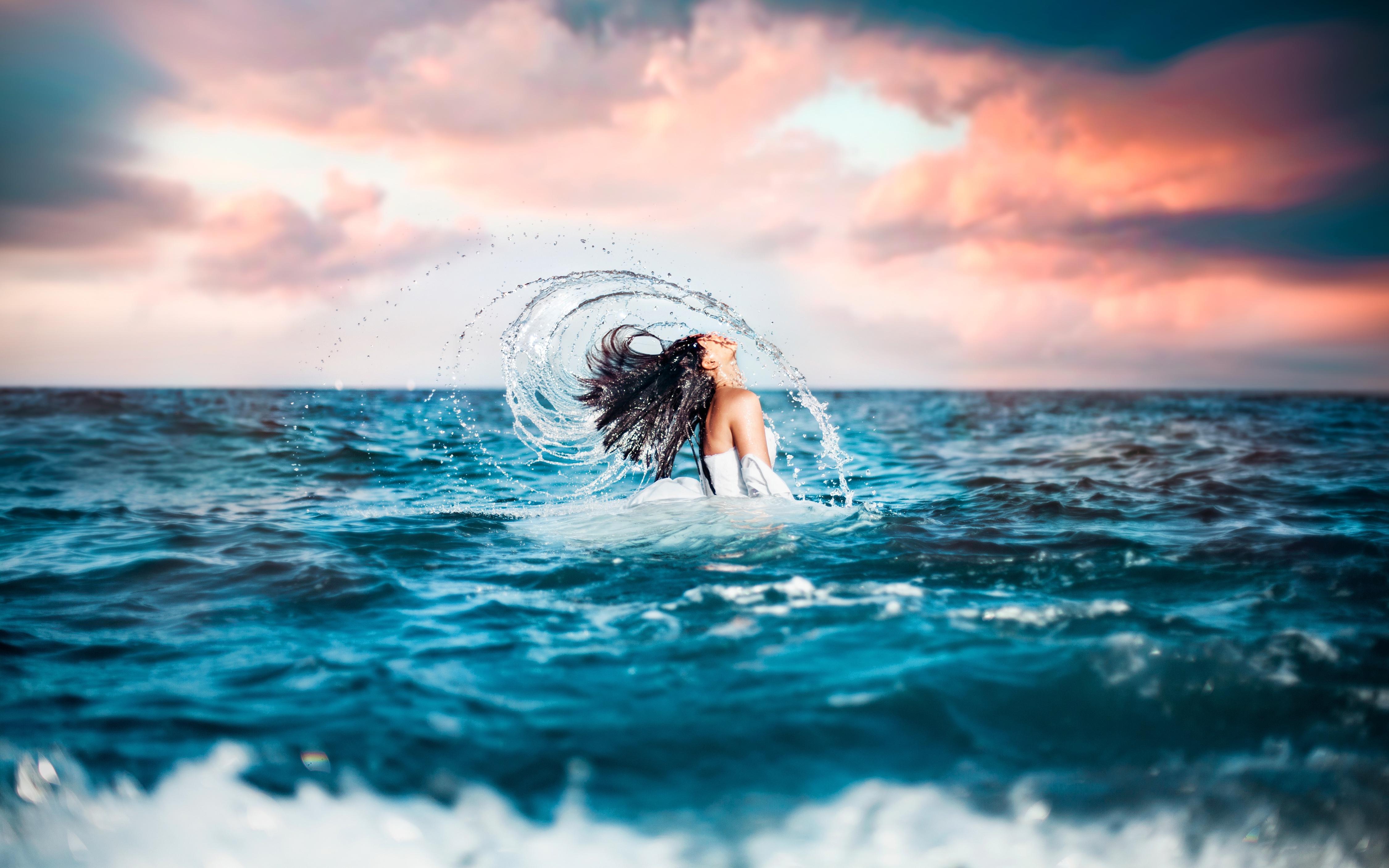 Wallpaper Brunette girl Sea Girls Sky Spray Waves Water 4500x2813