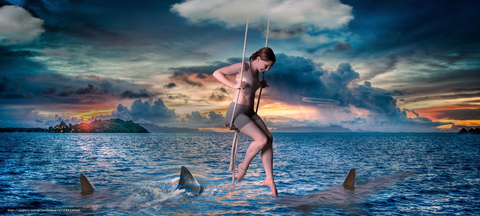 Download wallpaper sea, girl, SWING, Shark free desktop wallpaper