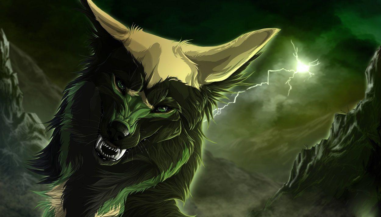 Green wolf lightning background. Wolves. Wolf wallpaper, Canvas