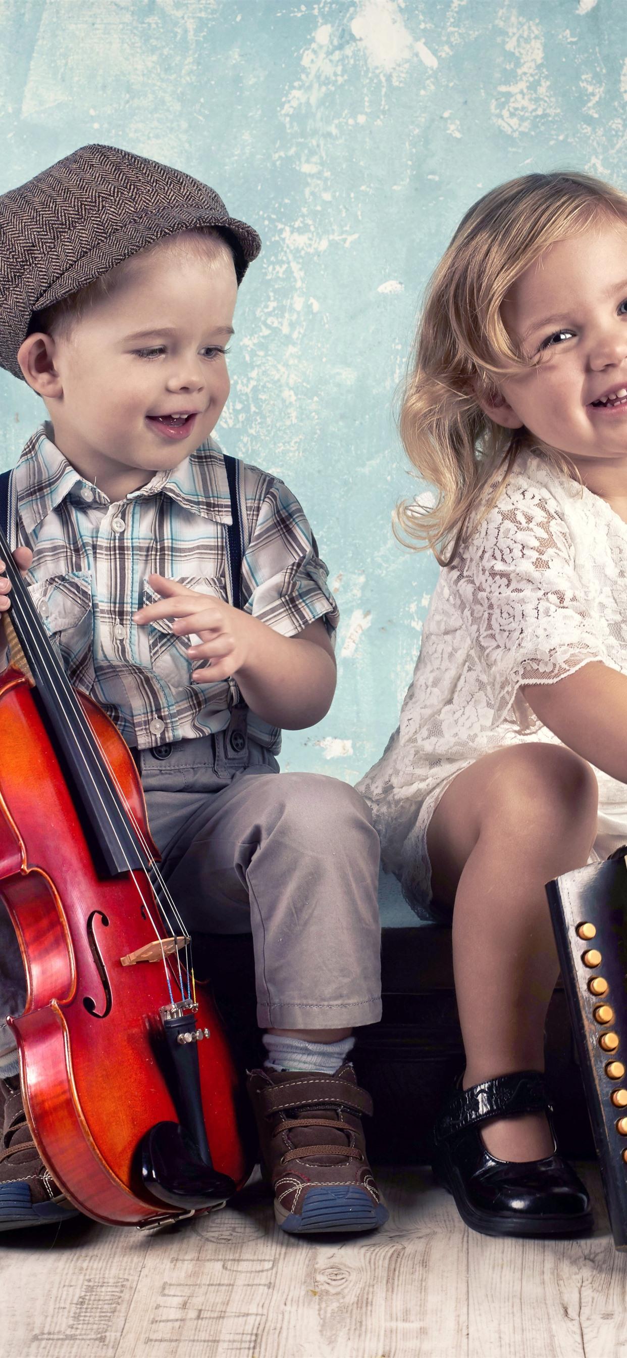 Wallpaper Cute little girl and boy, musical instruments, violin