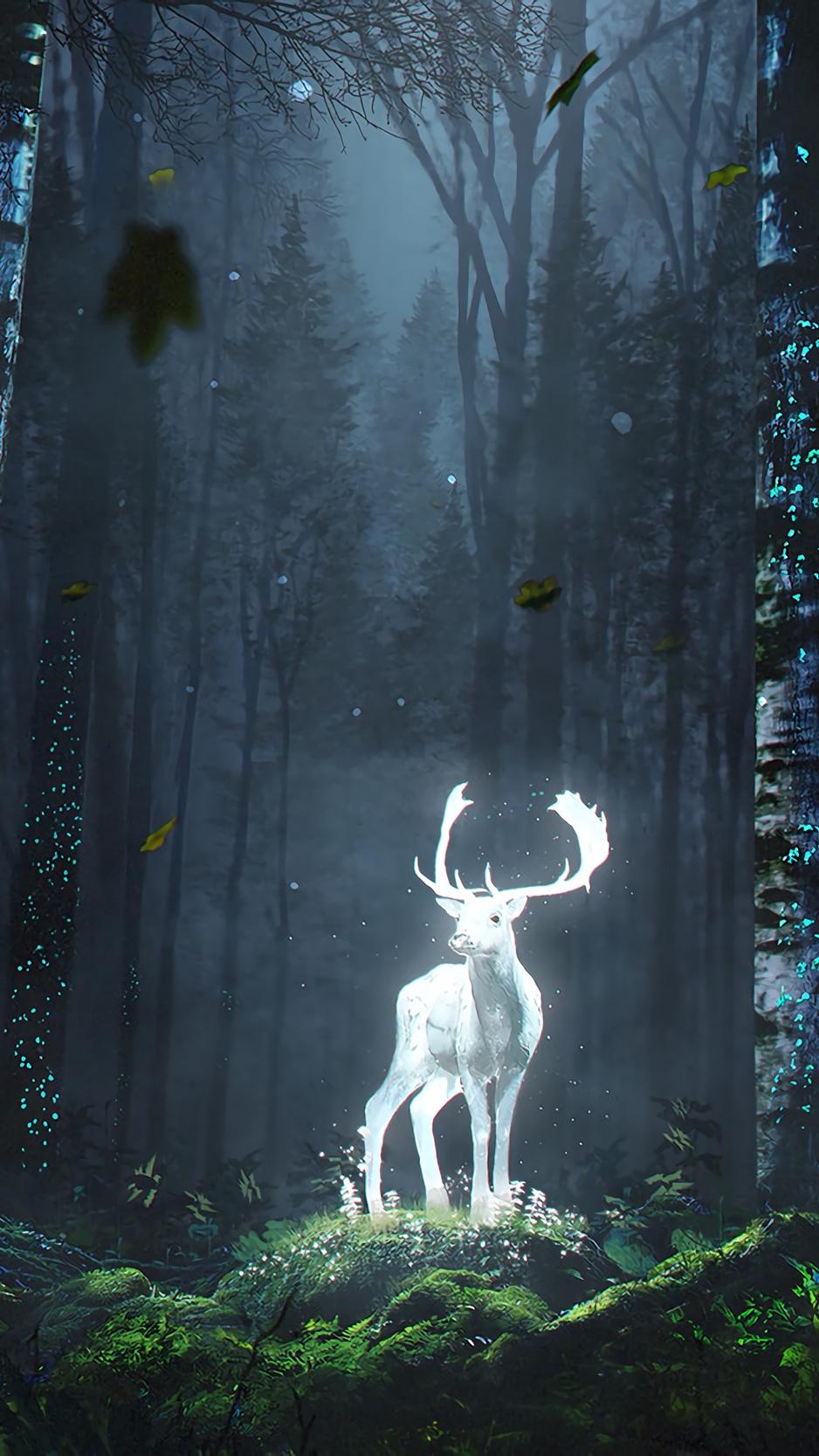 Download wallpaper 938x1668 deer, forest, night, glow, art, grass