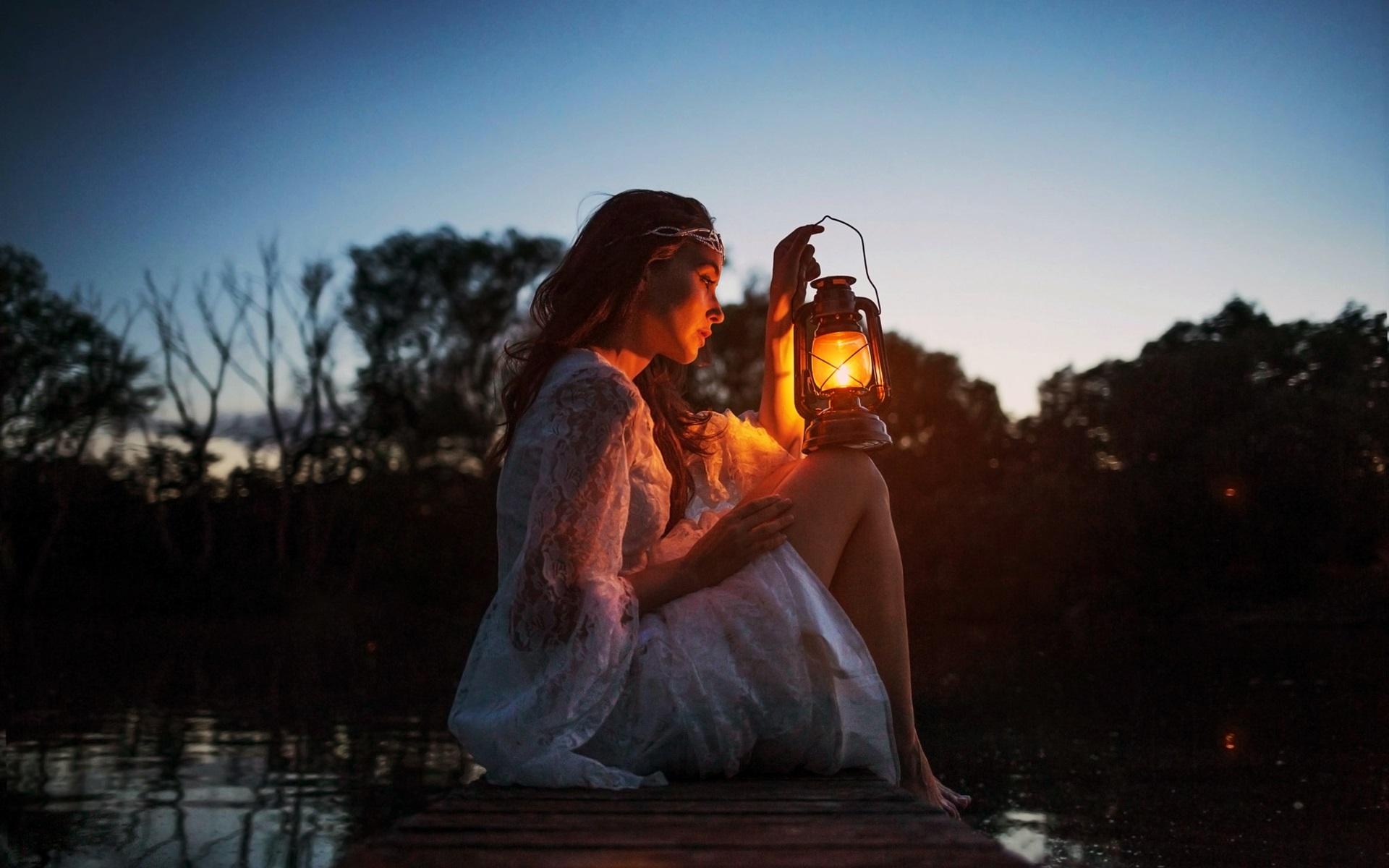 Wallpaper Girl, lamp, dock, river, darkness 1920x1200 HD Picture, Image