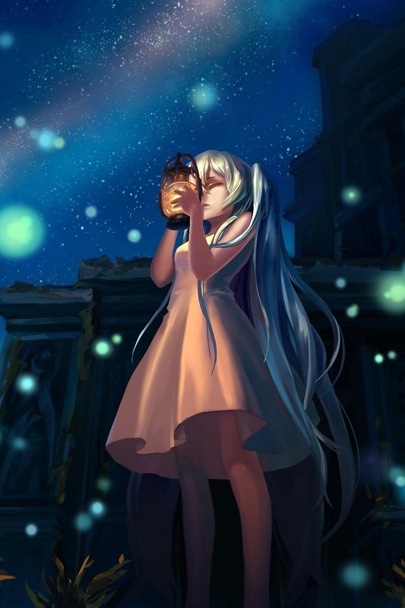 Download wallpaper 800x1200 anime, girl, glow, lights, night, lamp