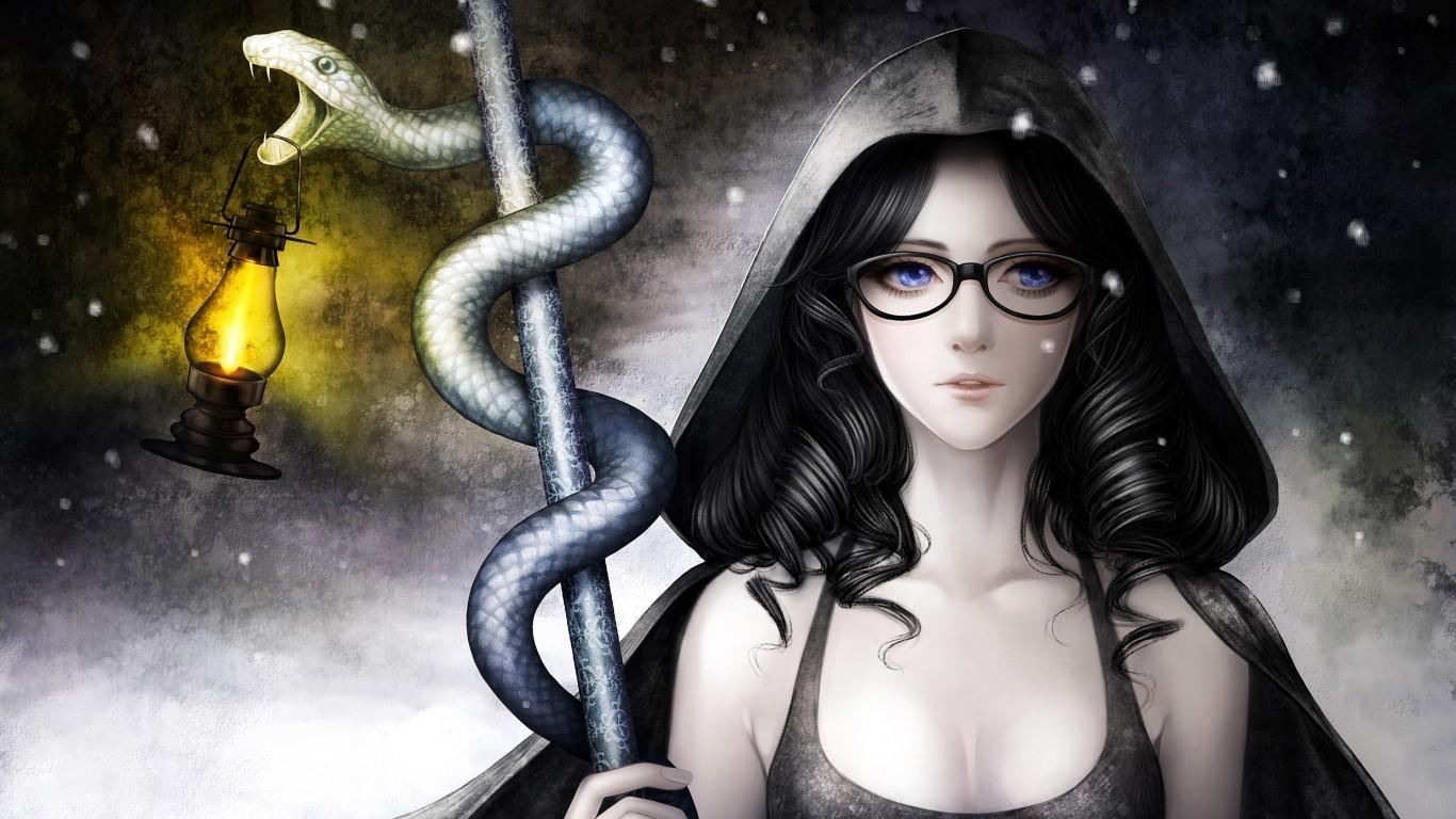 Download 1366x768 Anime Girl, Glasses, Hoodie, Snake, Lamp