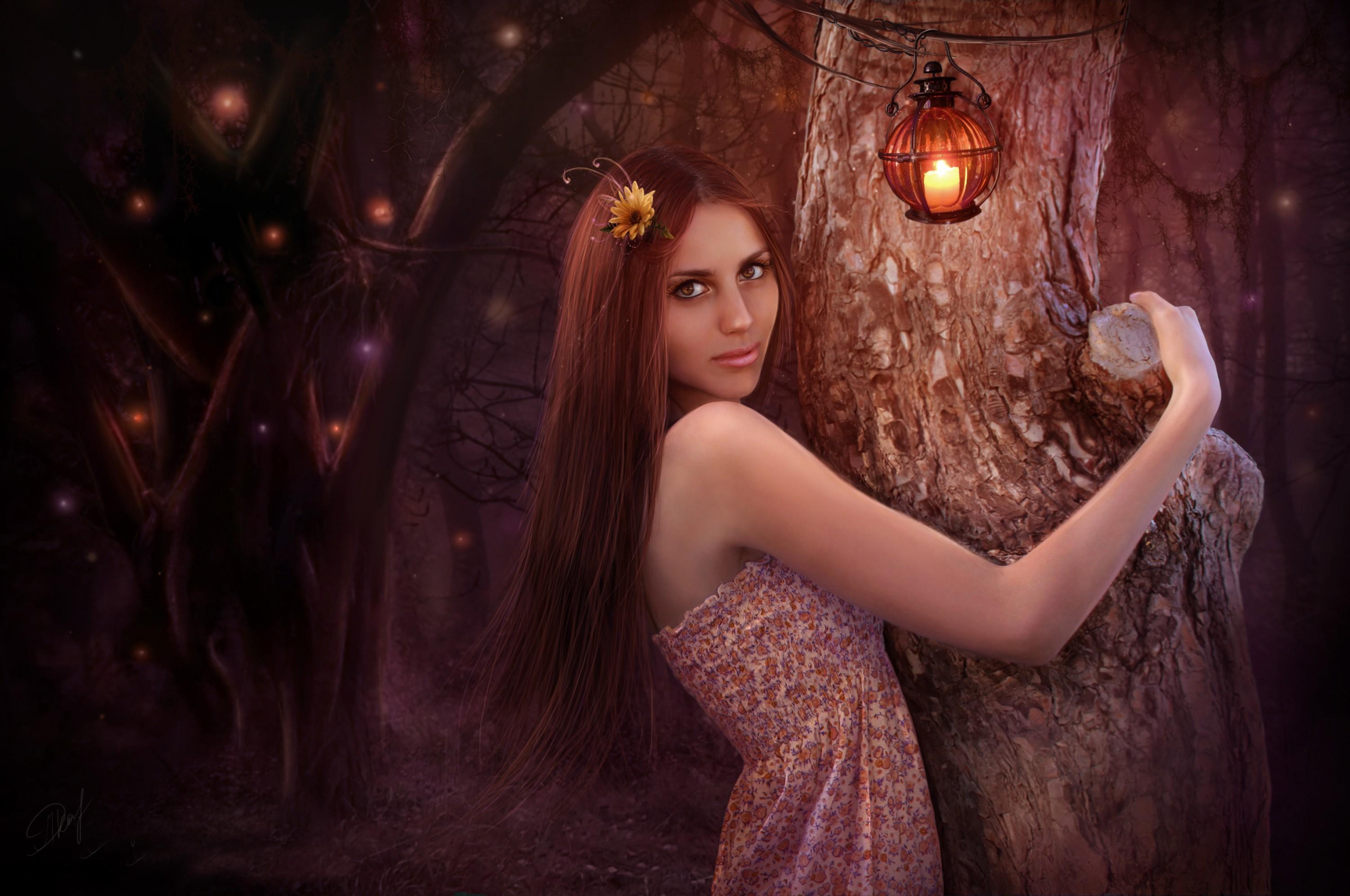 Art fantasy girl, autumn, trees, birds, crows, city, lamp wallpaper