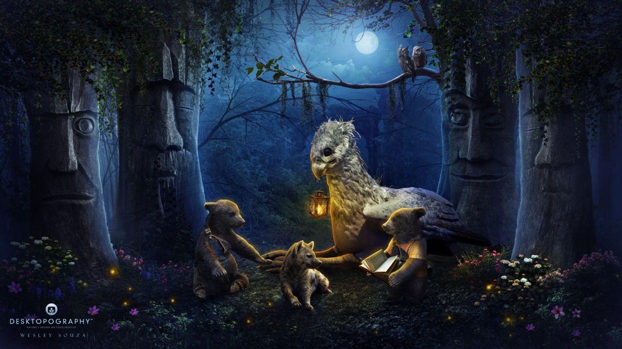 Desktopography digital art fantasy beauty moon forest night animals