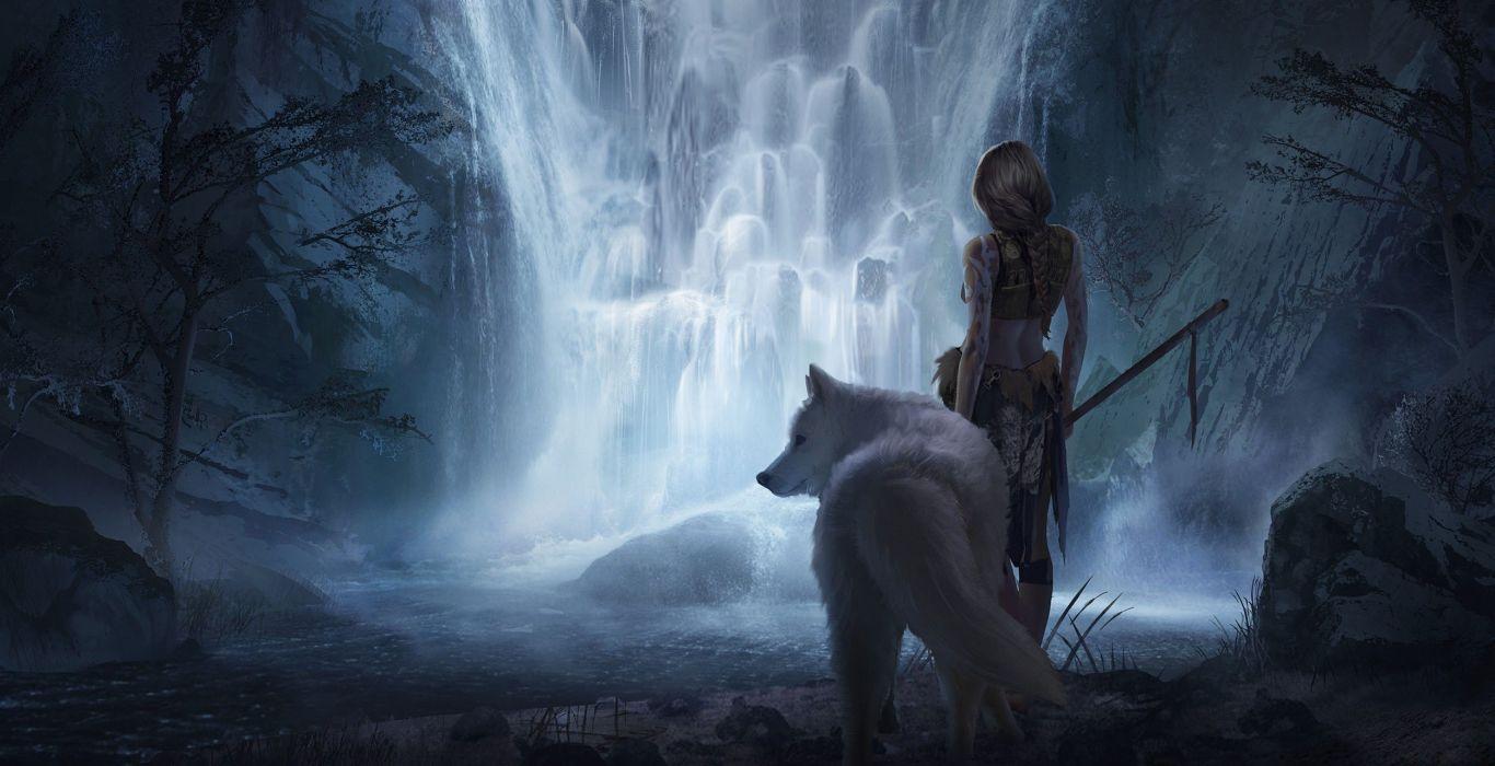 Fantasy girl beauty beautiful long hair woman warrior animal waterfall wolf wallpaperx1281