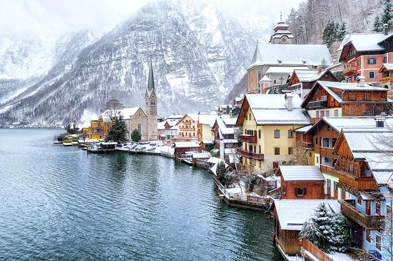 Wallpaper Hallstatt Austria Winter Mountains Snow Coast Cities