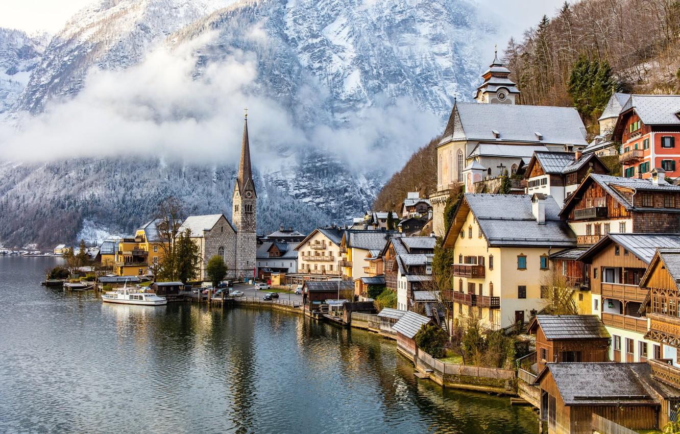 Wallpaper mountains, lake, home, Austria, Alps, Austria, Hallstatt
